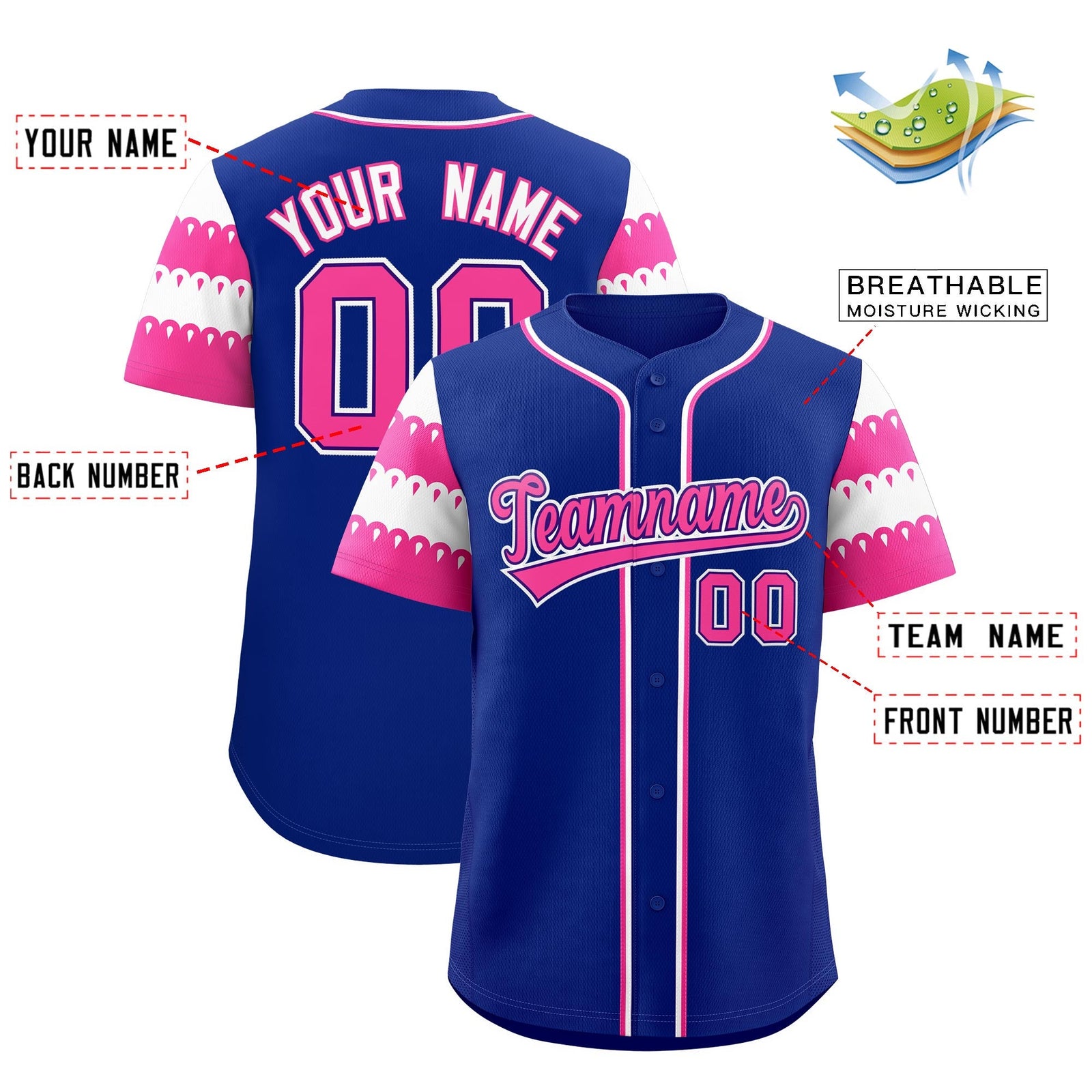 Custom Royal Pink White Sleeve Flag Lace Baseball Jersey | Sublimation Printed & Embroidery,Add Name and Numbern,Perfect for Teams | KXKSHOP