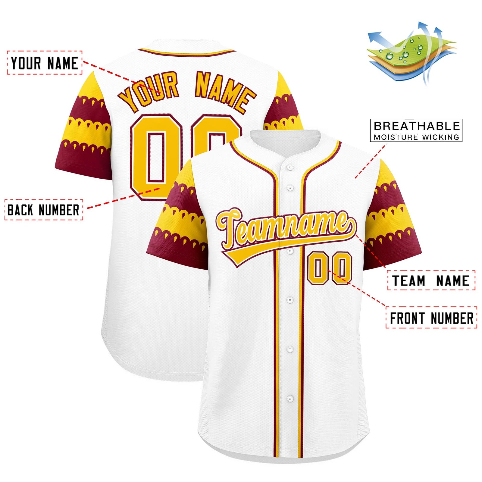 Custom White Crimson Gold Sleeve Flag Lace Baseball Jersey | Sublimation Printed & Embroidery,Add Name and Numbern,Perfect for Teams | KXKSHOP