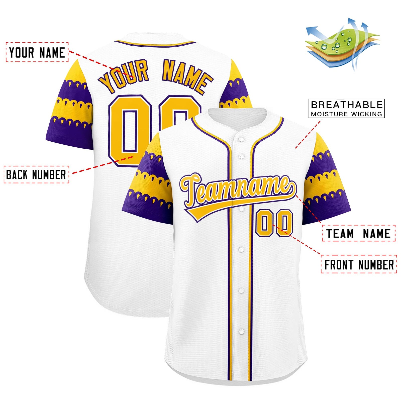 Custom White Gold Purple Sleeve Flag Lace Baseball Jersey | Sublimation Printed & Embroidery,Add Name and Numbern,Perfect for Teams | KXKSHOP