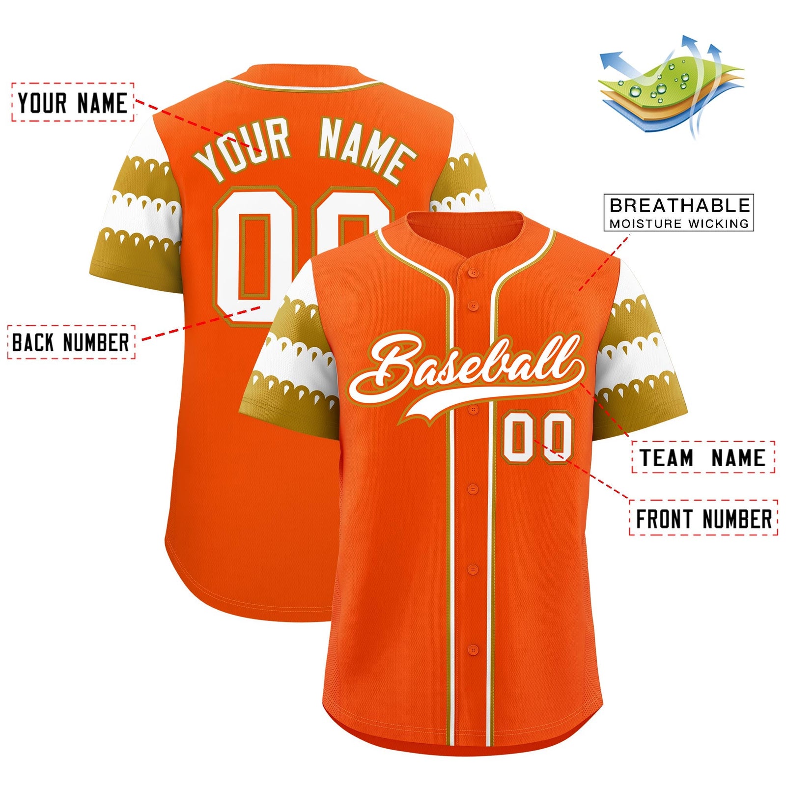 Custom Orange Old Gold White Sleeve Flag Lace Baseball Jersey | Sublimation Printed & Embroidery,Add Name and Numbern,Perfect for Teams | KXKSHOP