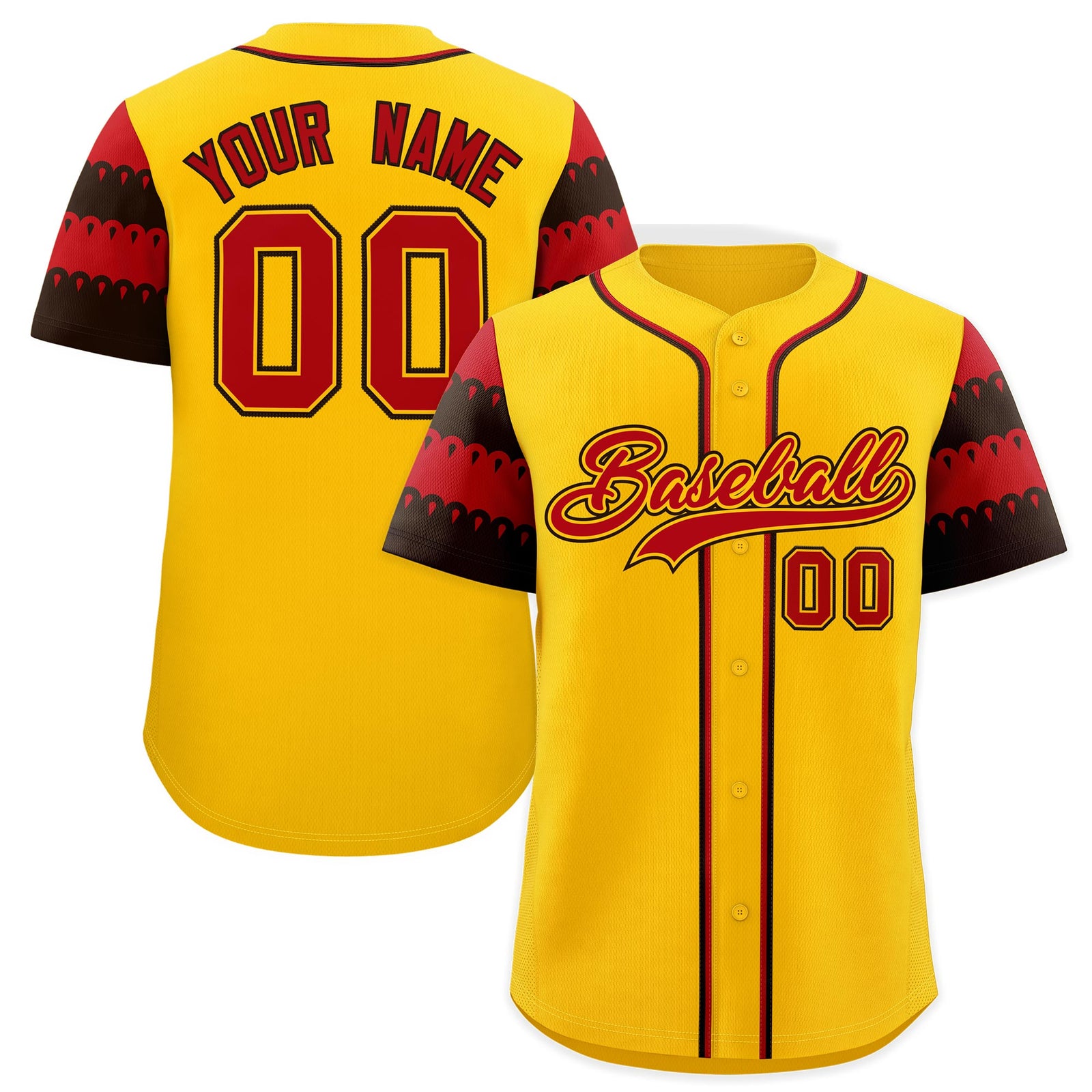 Custom Gold Red Black Sleeve Flag Lace Baseball Jersey | Sublimation Printed & Embroidery,Add Name and Numbern,Perfect for Teams | KXKSHOP