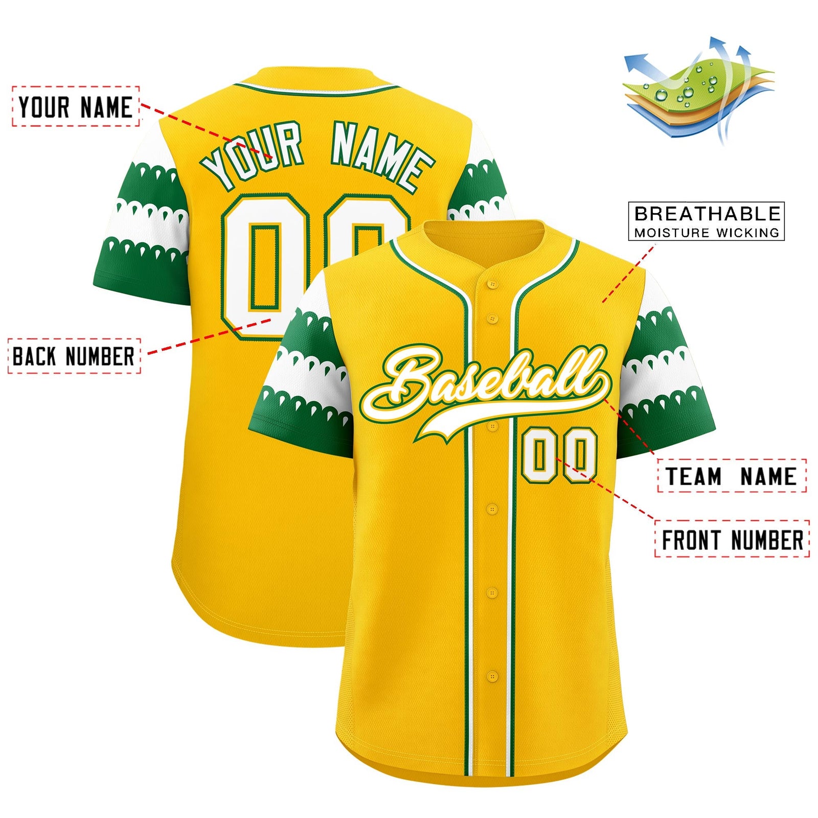 Custom Gold Kelly Green White Sleeve Flag Lace Baseball Jersey | Sublimation Printed & Embroidery,Add Name and Numbern,Perfect for Teams | KXKSHOP