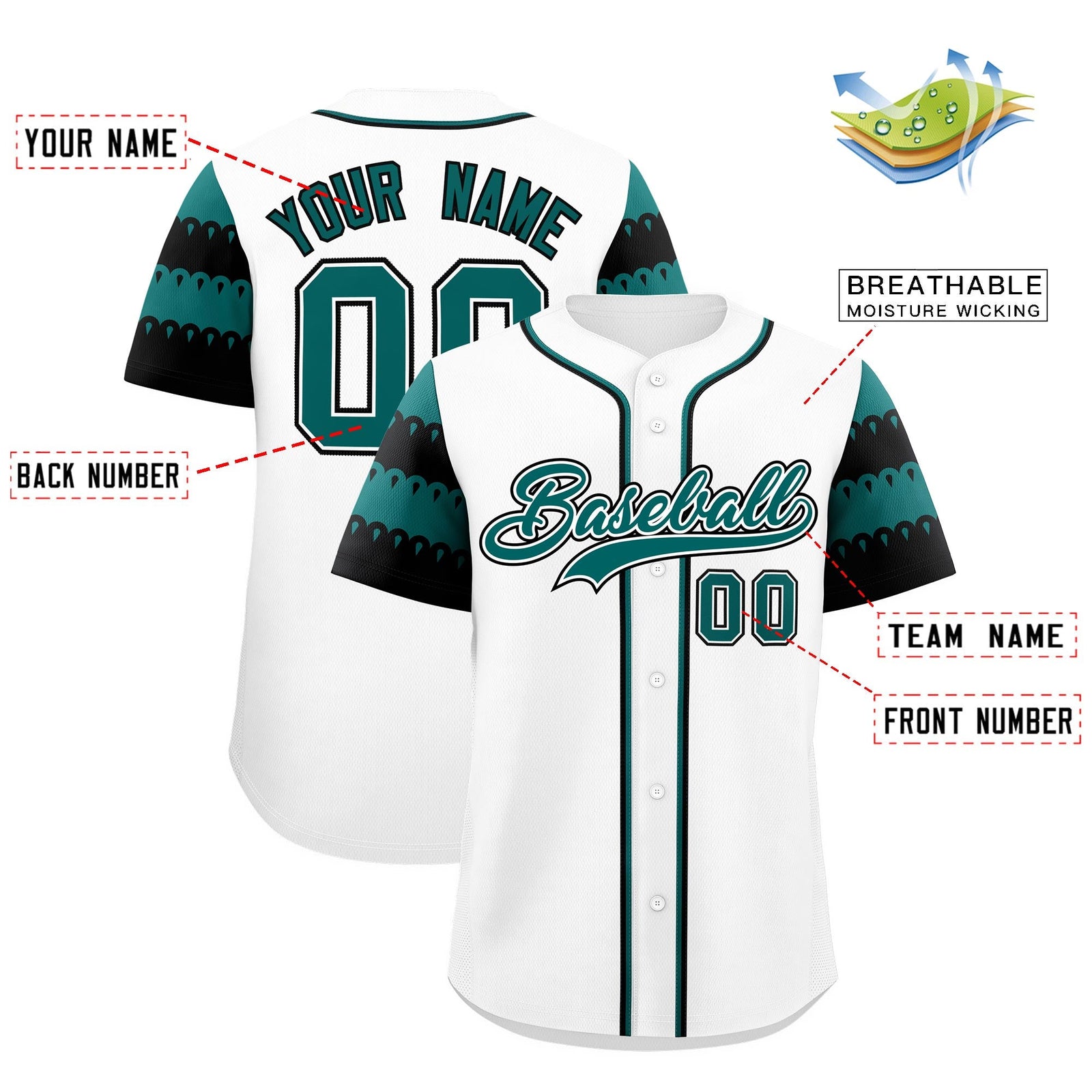 Custom White Teal Black Sleeve Flag Lace Baseball Jersey | Sublimation Printed & Embroidery,Add Name and Numbern,Perfect for Teams | KXKSHOP