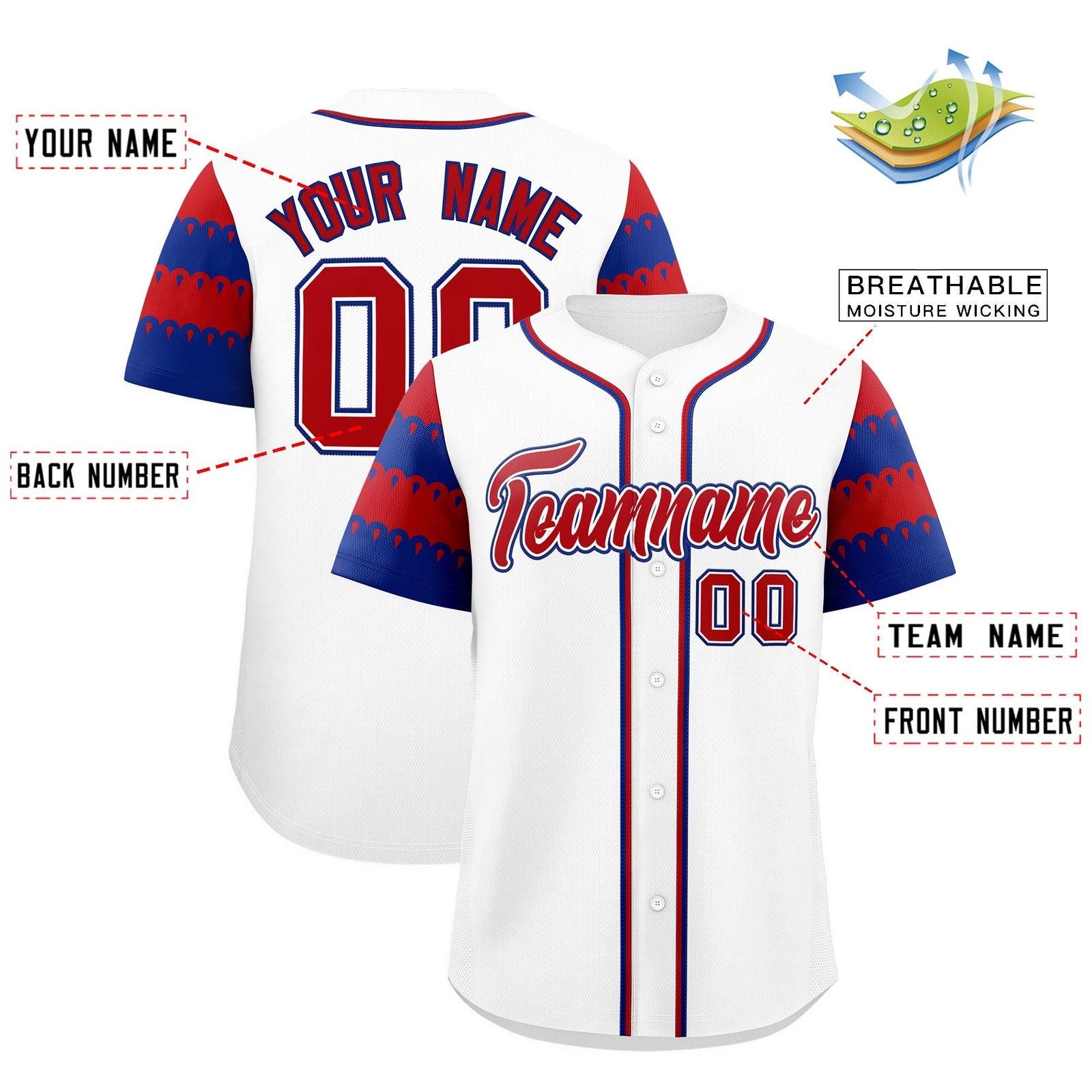 Custom White Royal Red Sleeve Flag Lace Baseball Jersey | Sublimation Printed & Embroidery,Add Name and Numbern,Perfect for Teams | KXKSHOP