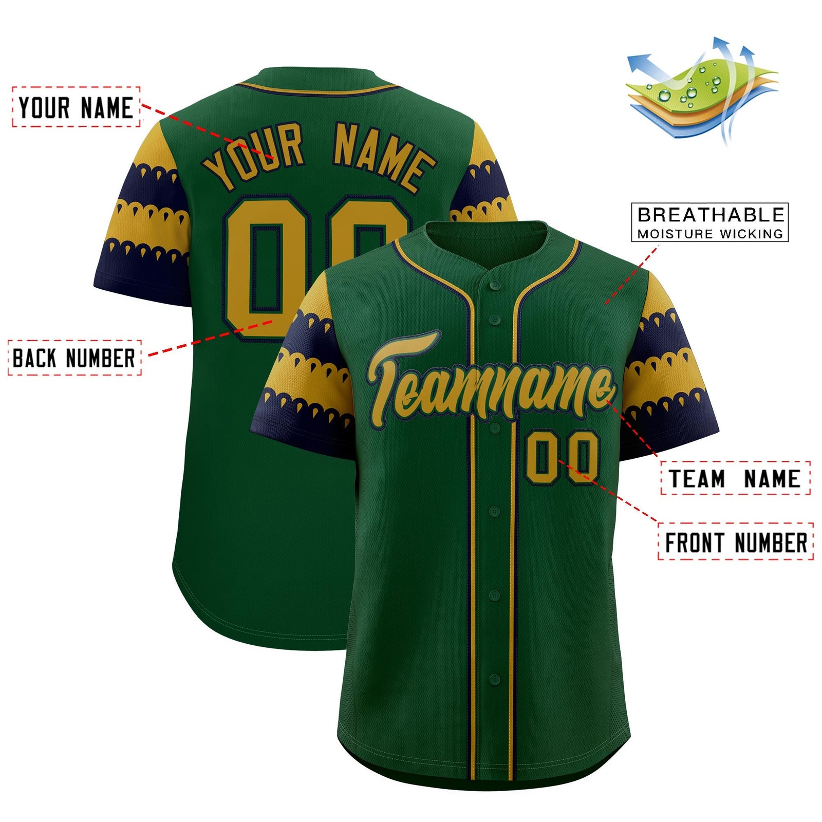 Custom Green Old Gold Navy Sleeve Flag Lace Baseball Jersey | Sublimation Printed & Embroidery,Add Name and Numbern,Perfect for Teams | KXKSHOP