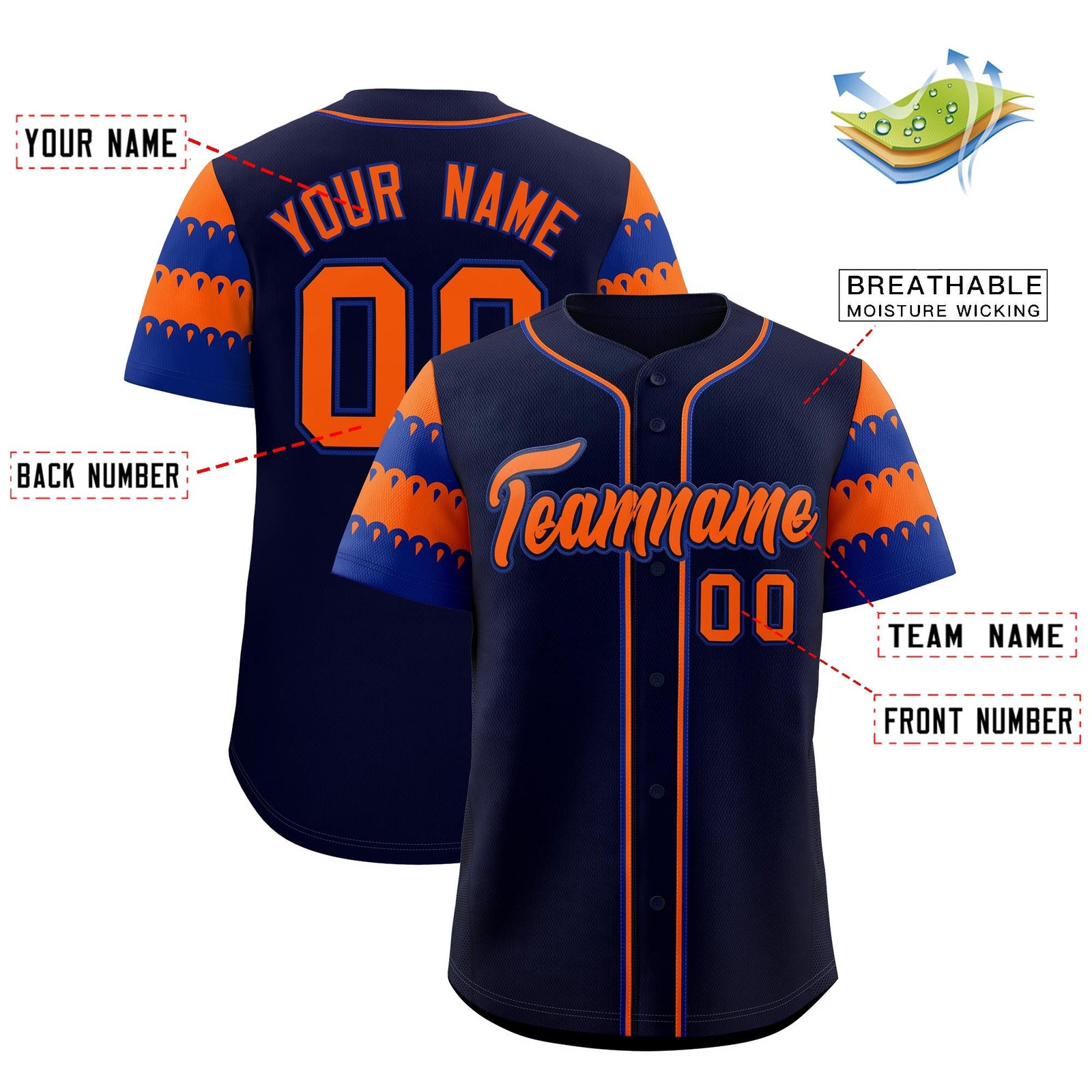 Custom Navy Orange Royal Sleeve Flag Lace Baseball Jersey | Sublimation Printed & Embroidery,Add Name and Numbern,Perfect for Teams | KXKSHOP