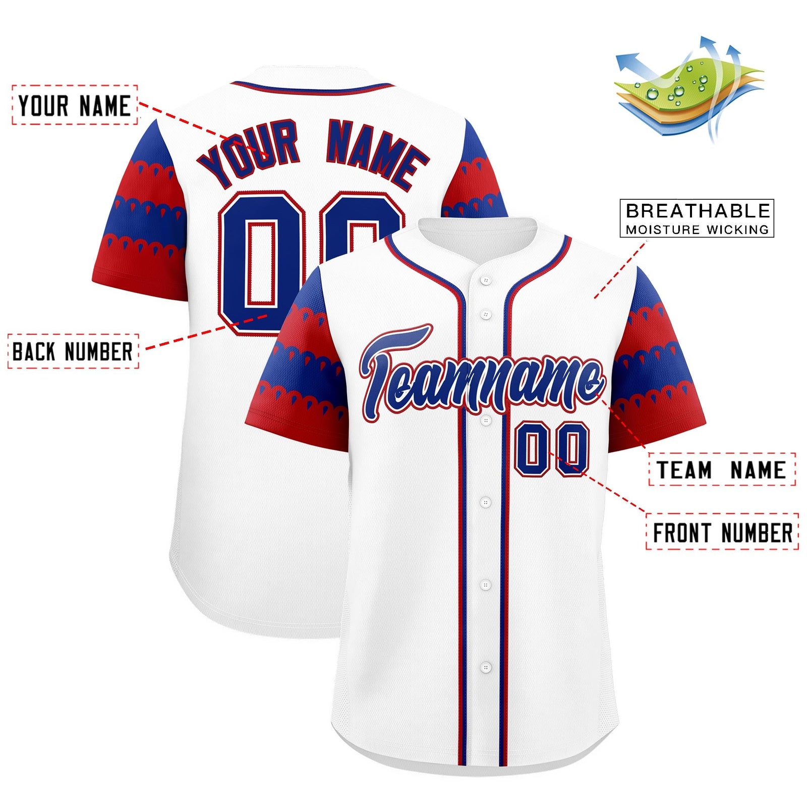 Custom White Red Royal Sleeve Flag Lace Baseball Jersey | Sublimation Printed & Embroidery,Add Name and Numbern,Perfect for Teams | KXKSHOP