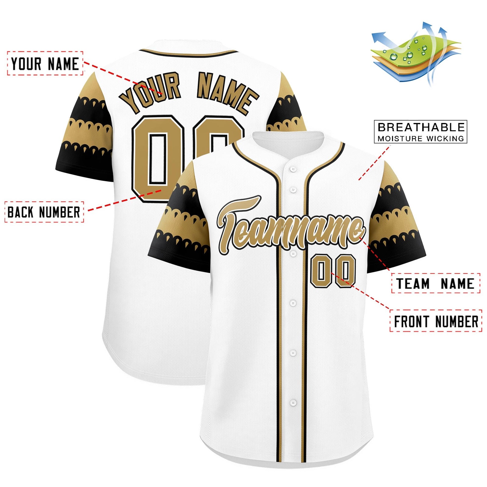 Custom White Old Gold Black Sleeve Flag Lace Baseball Jersey | Sublimation Printed & Embroidery,Add Name and Numbern,Perfect for Teams | KXKSHOP
