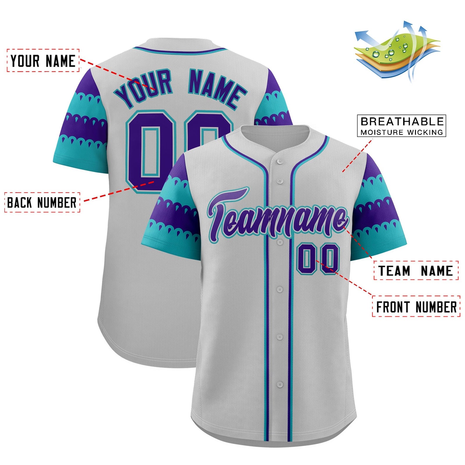 Custom Gray Aqua Purple Sleeve Flag Lace Baseball Jersey | Sublimation Printed & Embroidery,Add Name and Numbern,Perfect for Teams | KXKSHOP