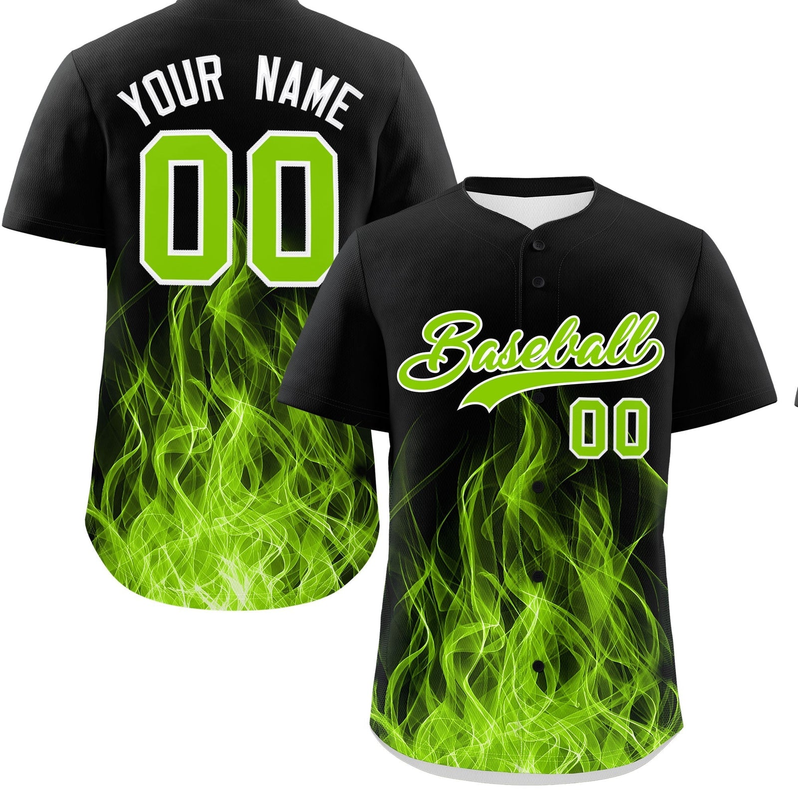 Custom Black Neon Green White Flame Graffiti Pattern Personalization Baseball Jersey| KXKSHOP