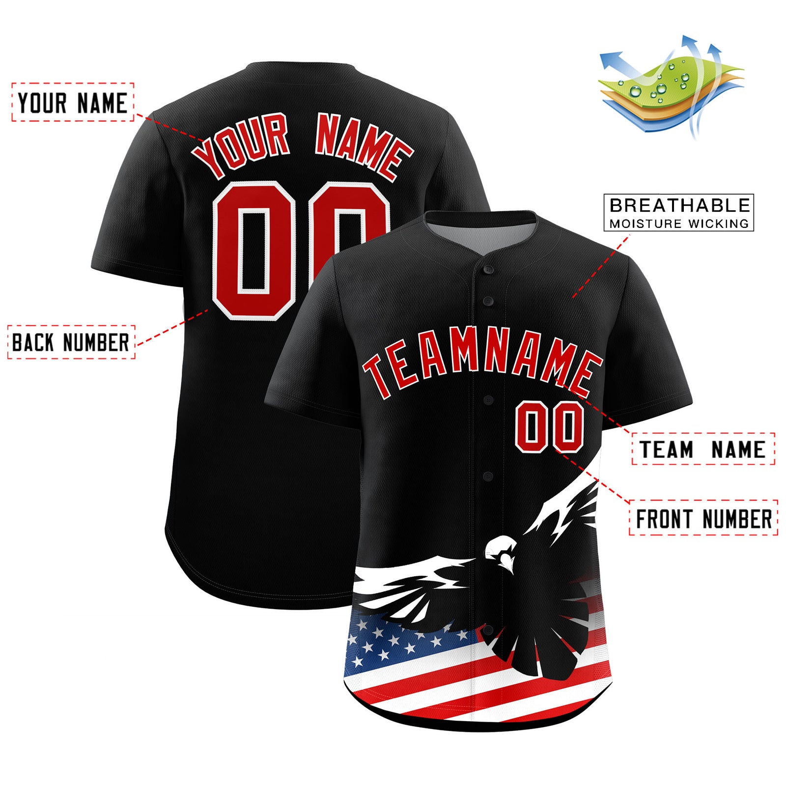 Custom Black American Flag Eagle Personalized Baseball Jersey