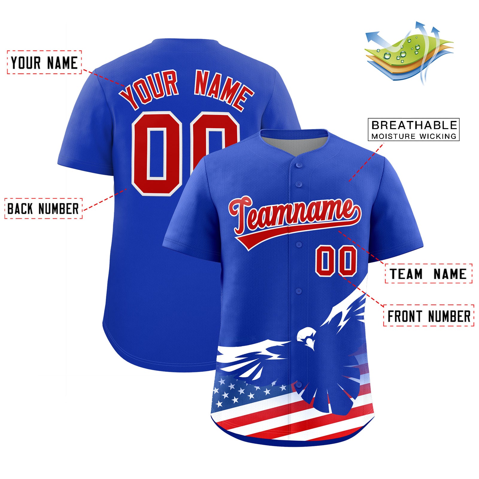 Custom Royal American Flag Eagle Personalized Baseball Jersey