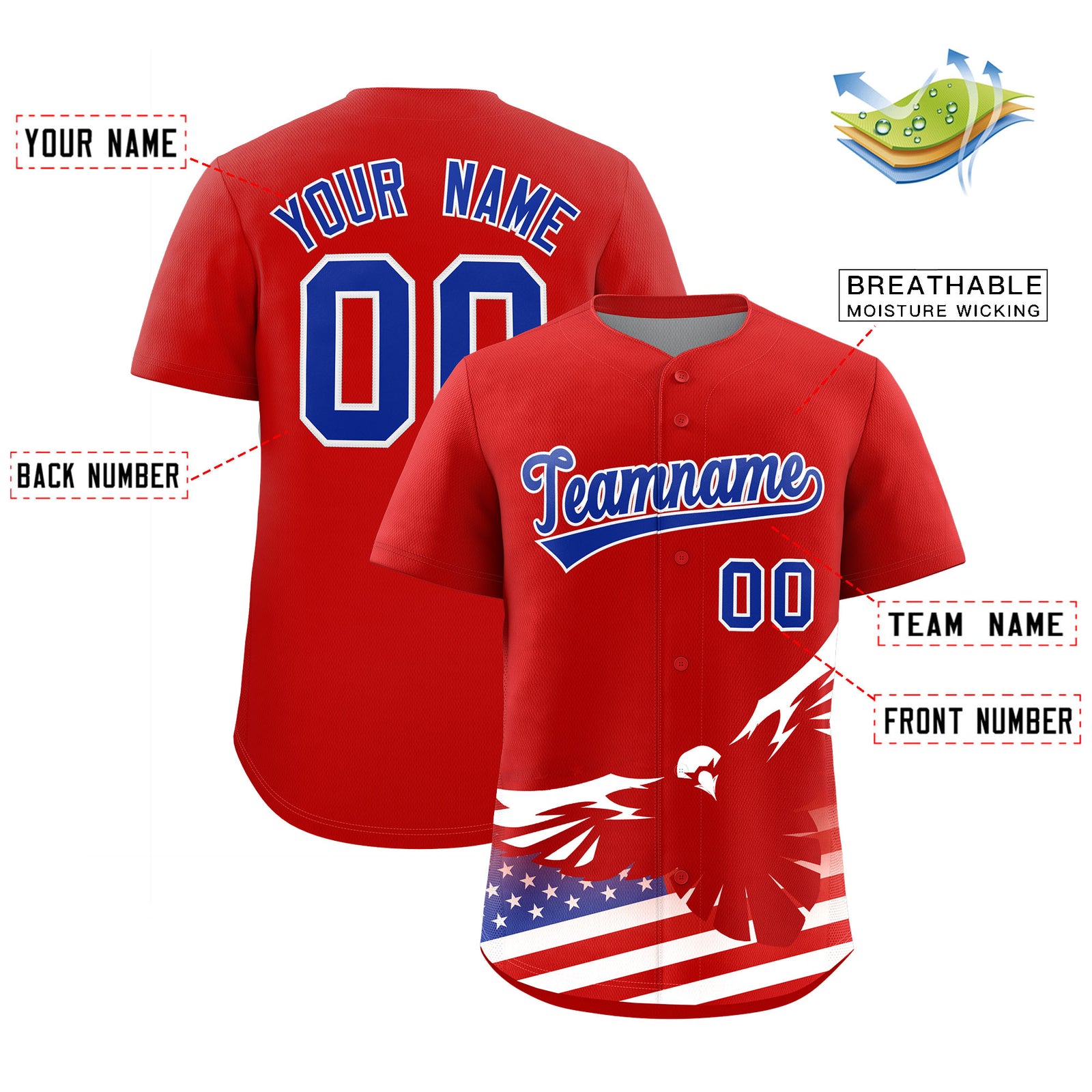 Custom Red American Flag Eagle Personalized Baseball Jersey