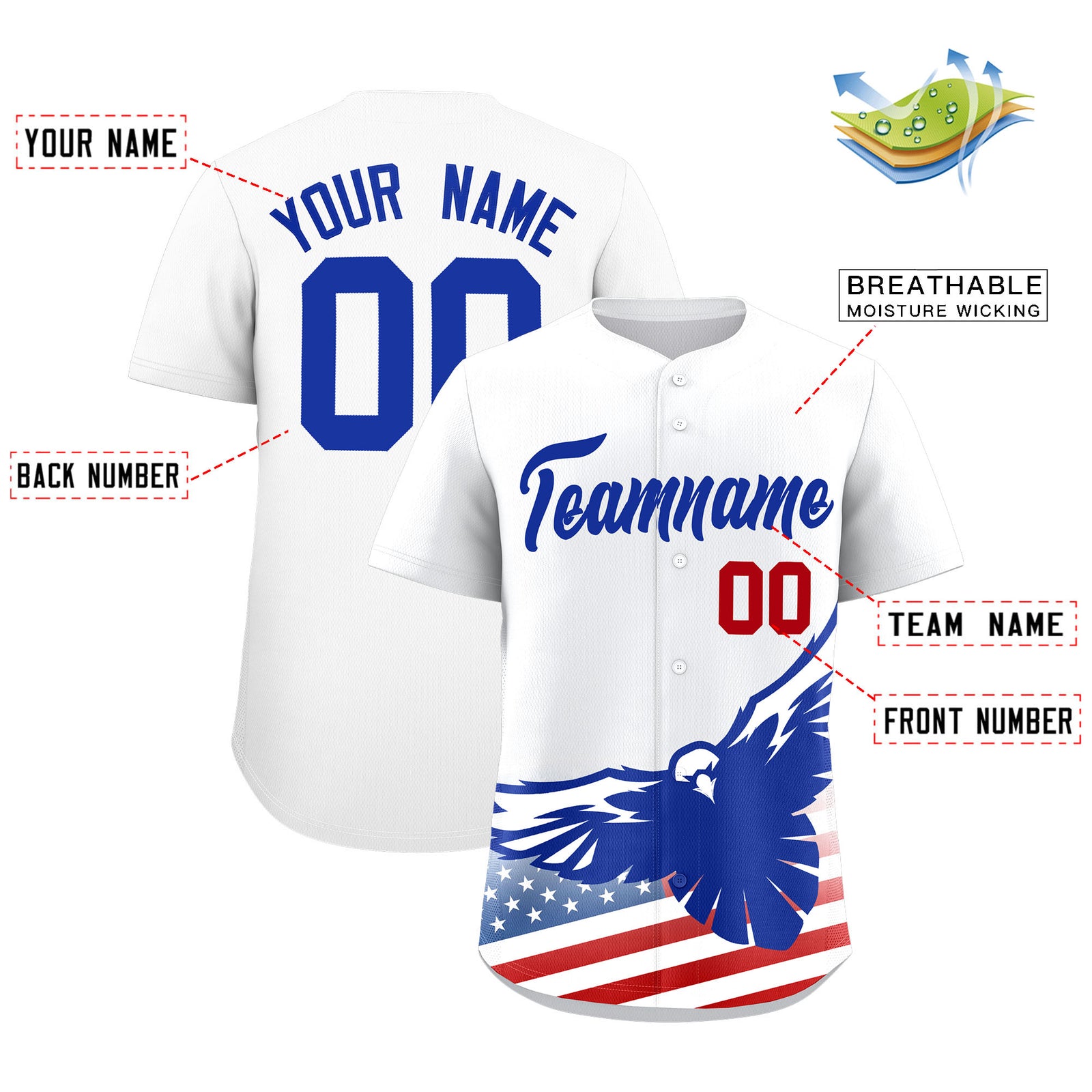 Custom White American Flag Eagle Personalized Baseball Jersey