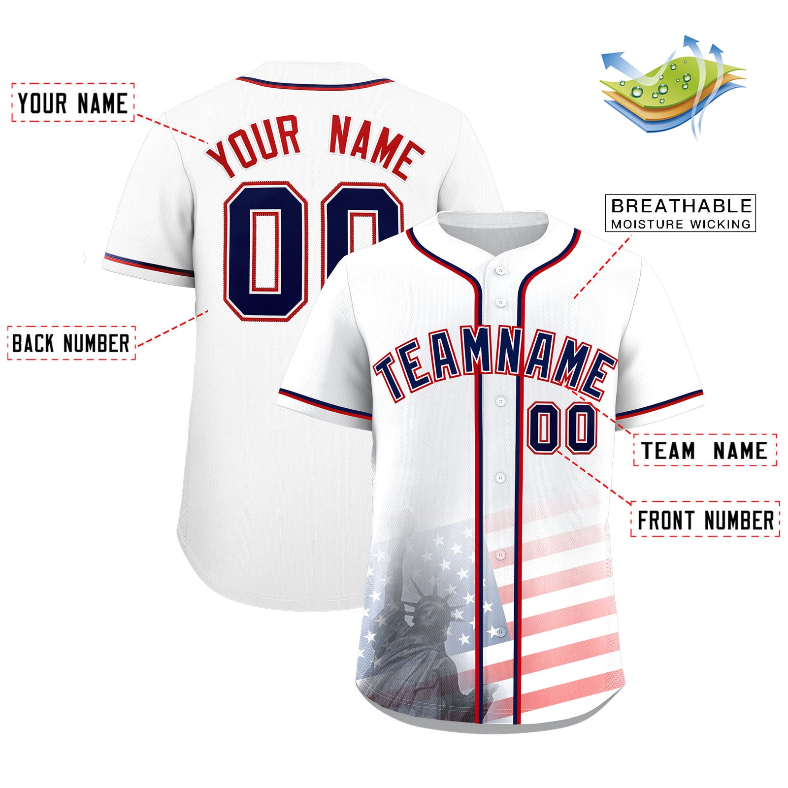 Custom White American Flag Patriotic Personalized Baseball Jersey