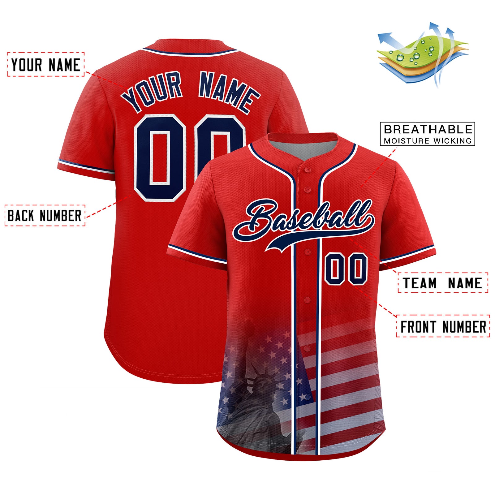 Custom Red American Flag Patriotic Personalized Baseball Jersey