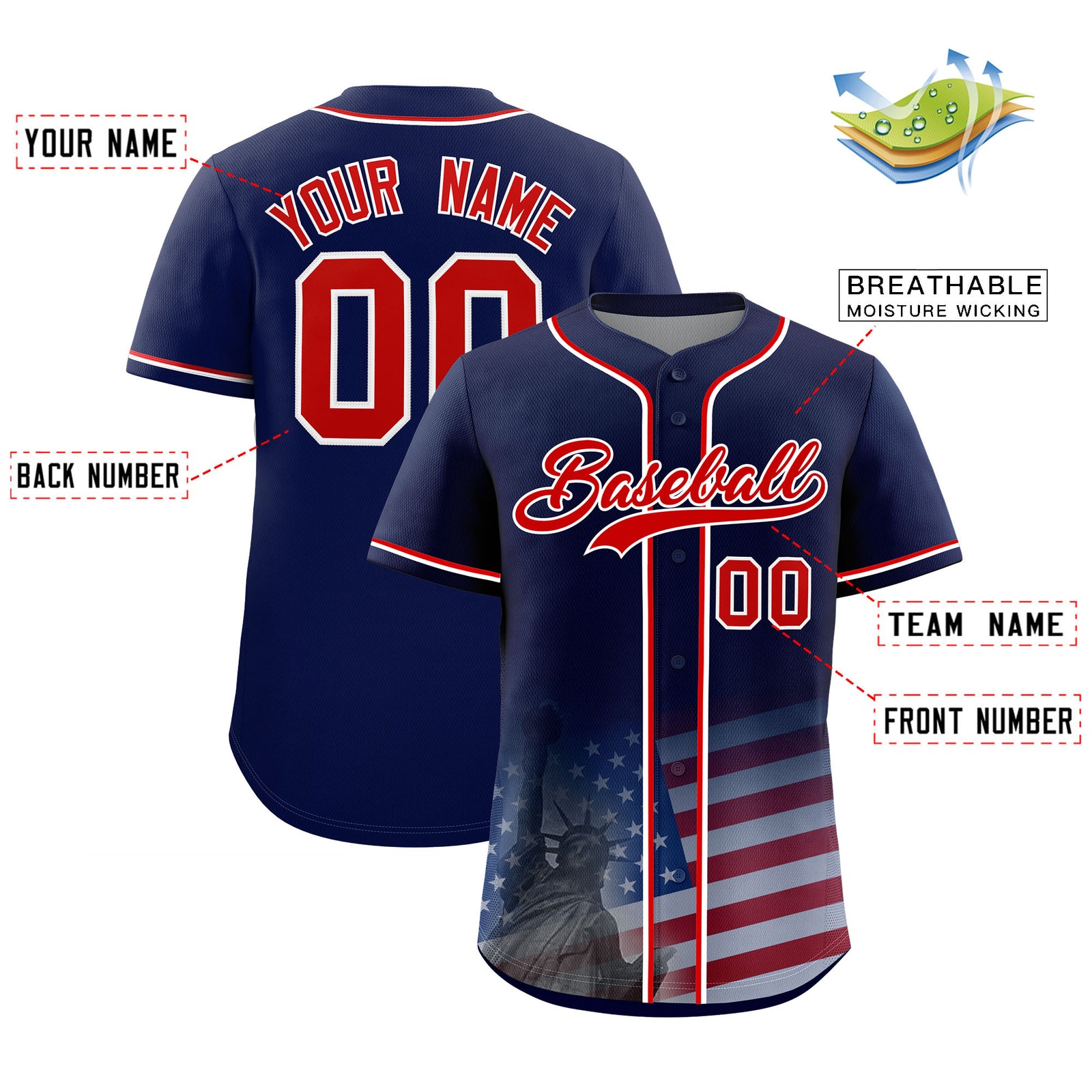 Custom Navy American Flag Patriotic Personalized Baseball Jersey