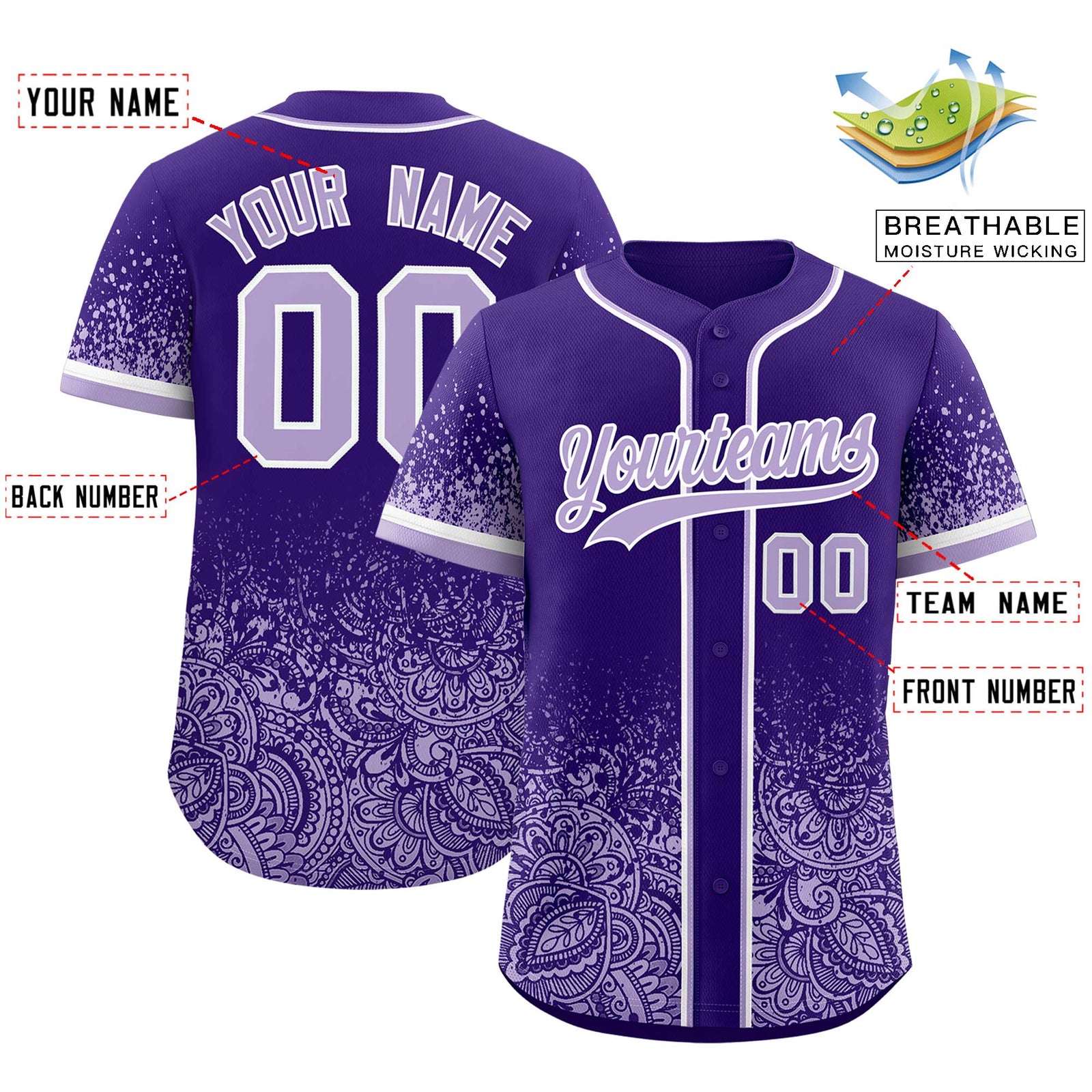 Custom Purple Light Purple Floral Print Pattern Full Button Gradient Fashion Baseball Jersey