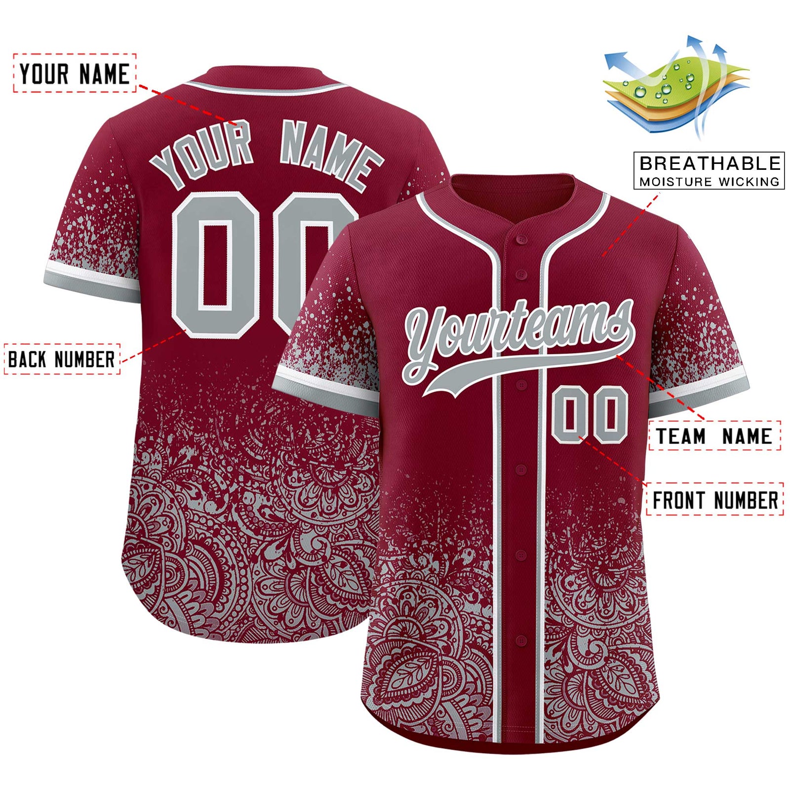 Custom Crimson Gray Floral Print Pattern Full Button Gradient Fashion Baseball Jersey
