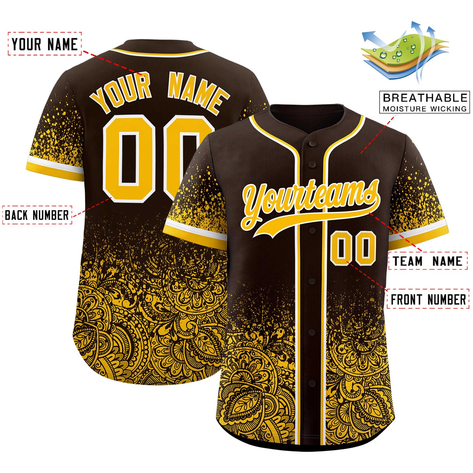Custom Brown Yellow Floral Print Pattern Full Button Gradient Fashion Baseball Jersey