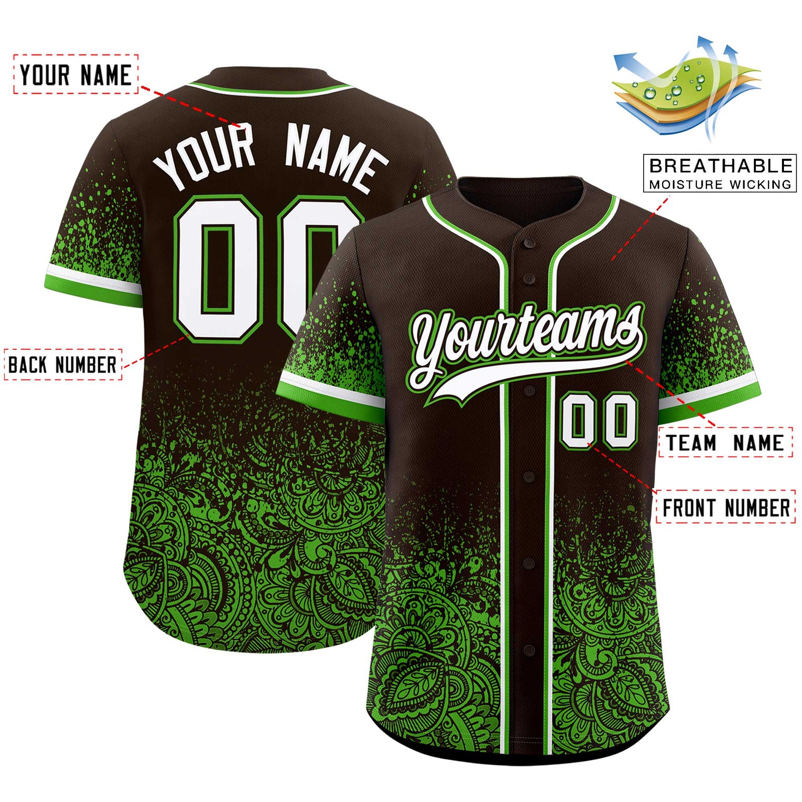 Custom Brown Green Floral Print Pattern Full Button Gradient Fashion Baseball Jersey