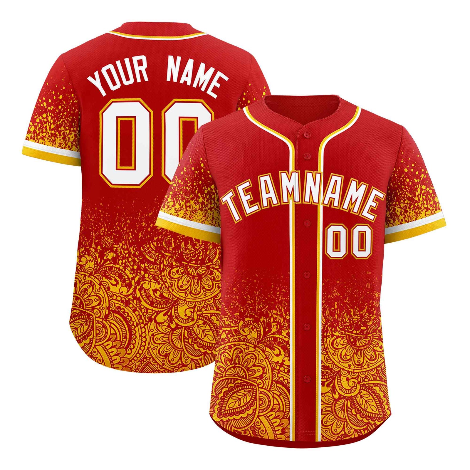 Custom Red Yellow Floral Print Pattern Full Button Gradient Fashion Baseball Jersey