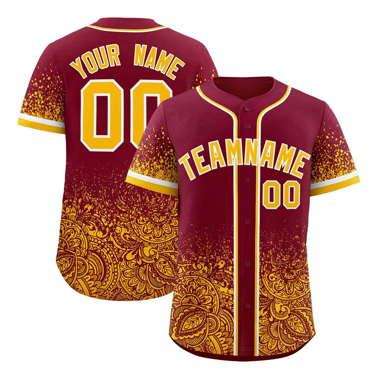 Custom Crimson Yellow Floral Print Pattern Full Button Gradient Fashion Baseball Jersey