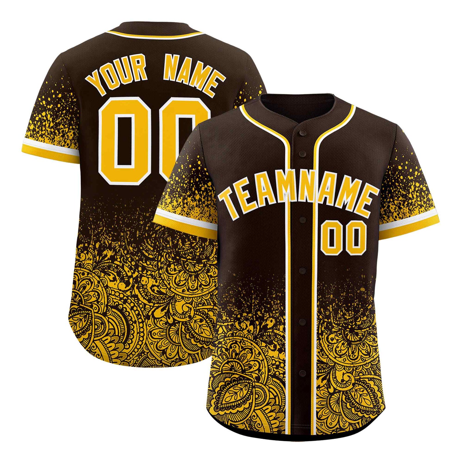 Custom Brown Yellow Floral Print Pattern Full Button Gradient Fashion Baseball Jersey