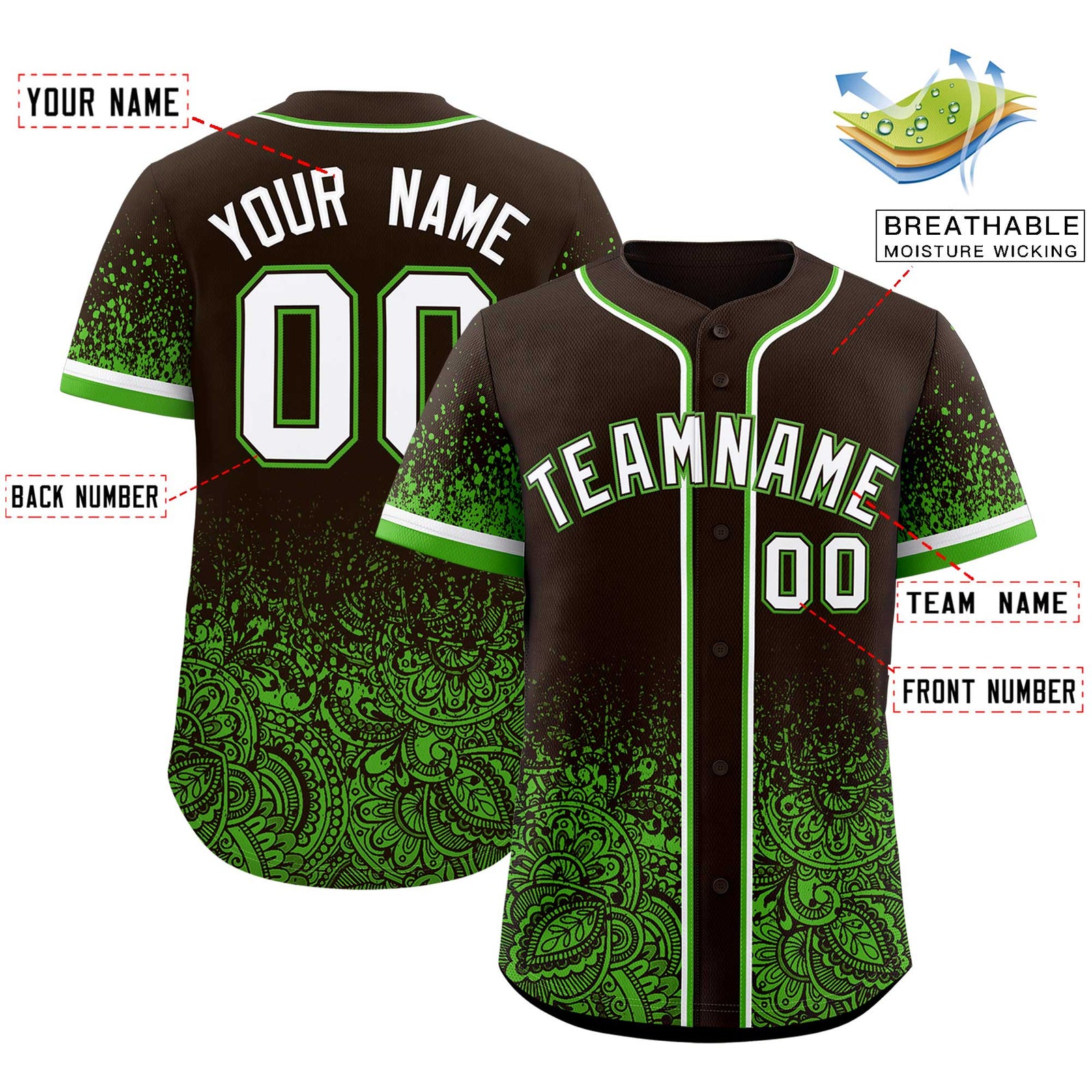 Custom Brown Green Floral Print Pattern Full Button Gradient Fashion Baseball Jersey
