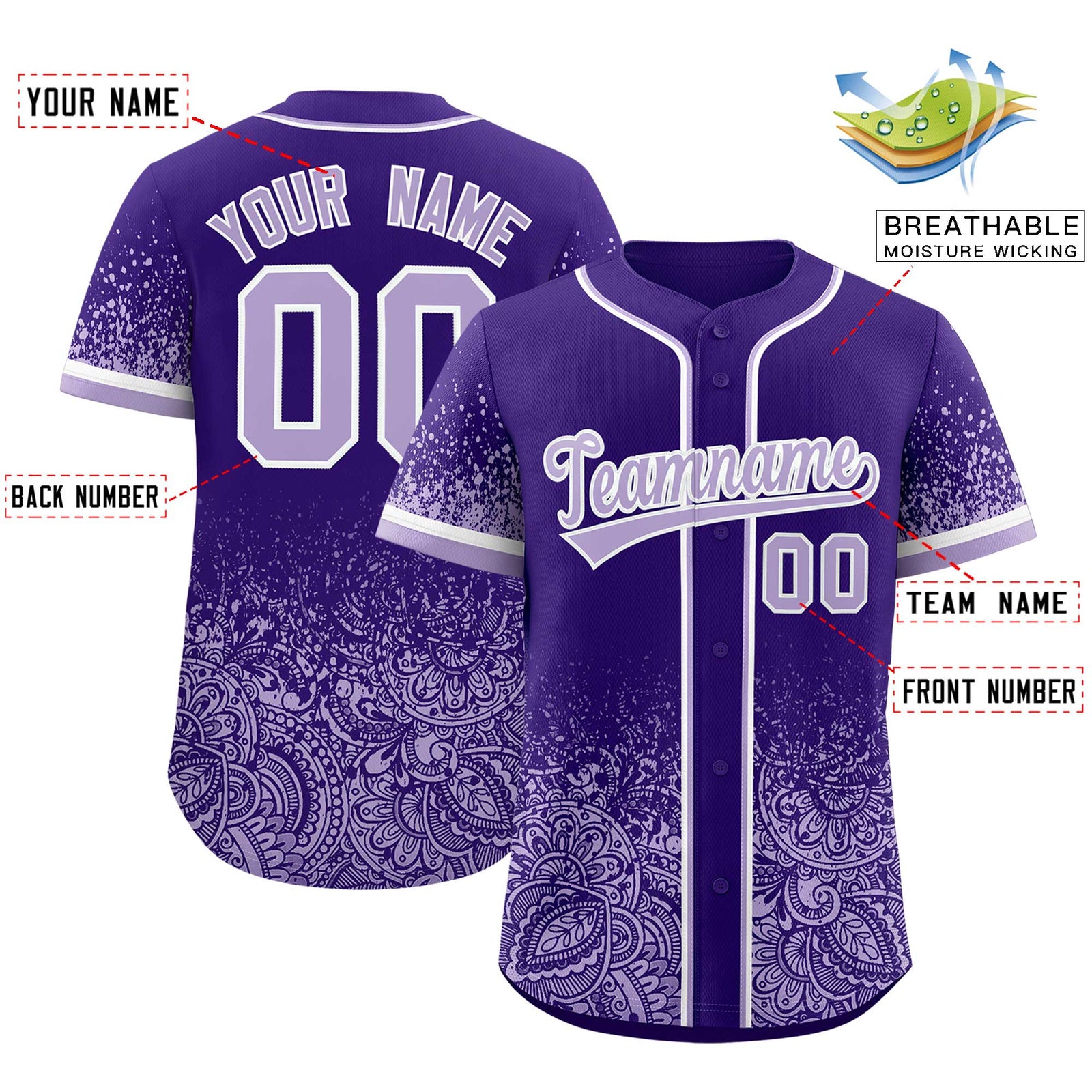 Custom Purple Light Purple Floral Print Pattern Full Button Gradient Fashion Baseball Jersey