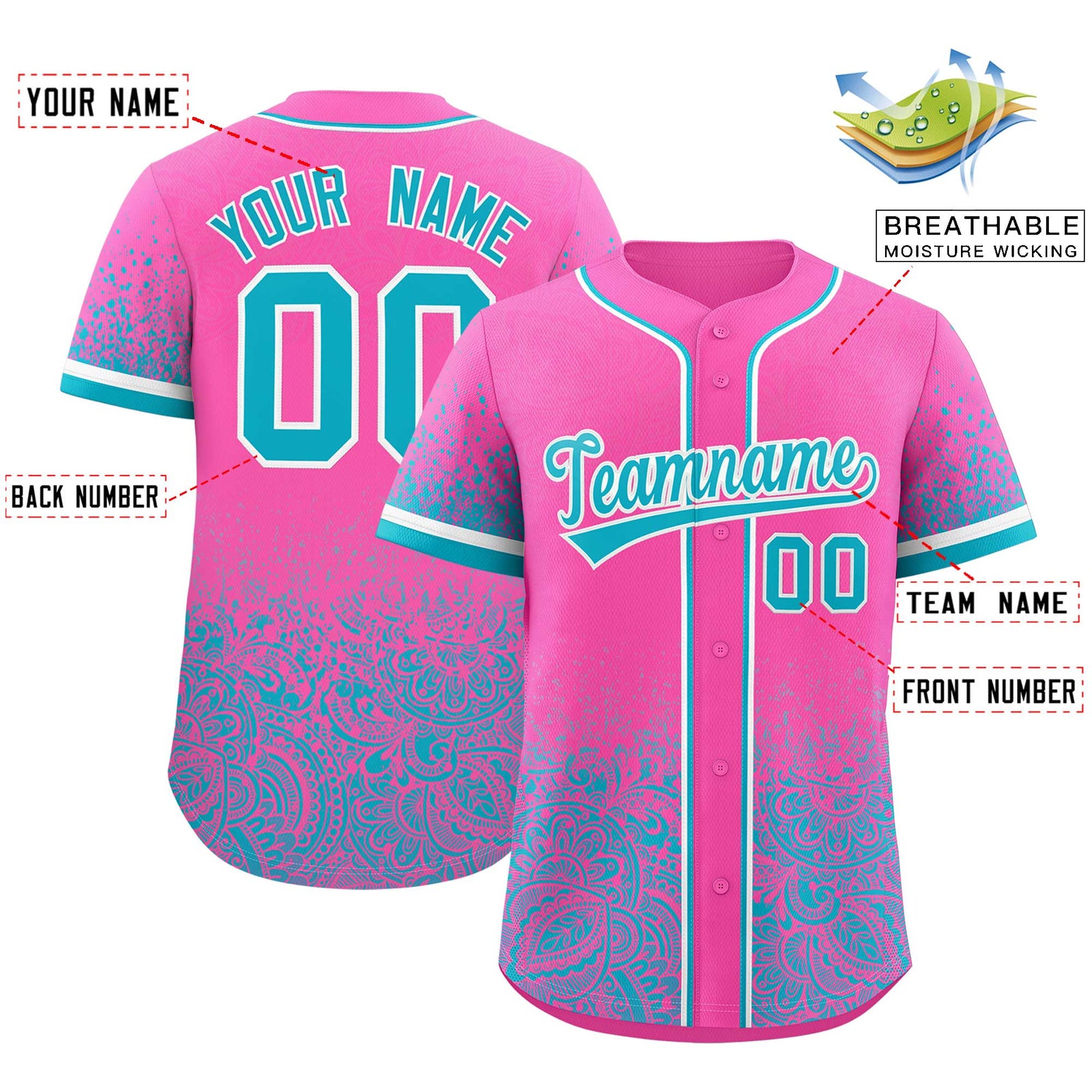 Custom Pink Sky Blue Floral Print Pattern Full Button Gradient Fashion Baseball Jersey
