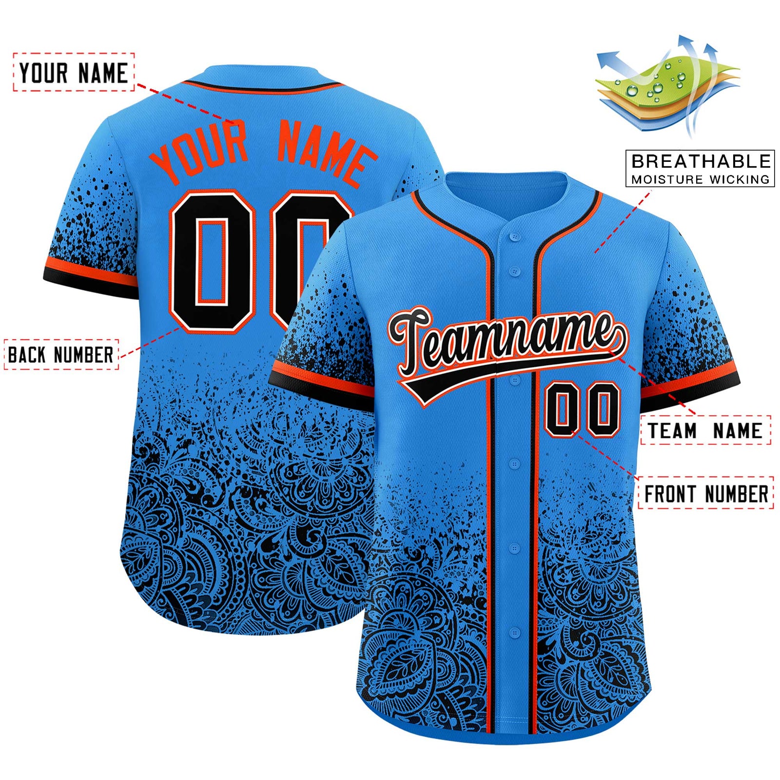 Custom Light Blue Black Floral Print Pattern Full Button Gradient Fashion Baseball Jersey