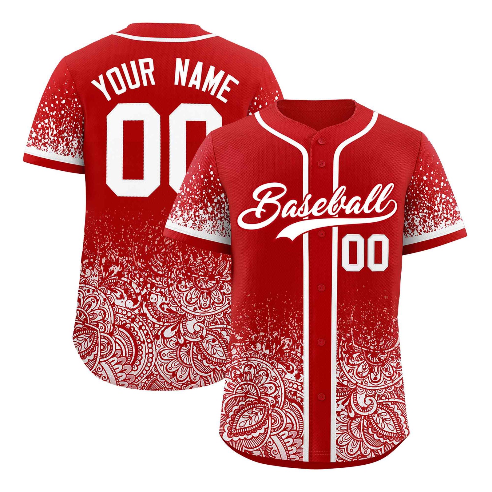Custom Red White Floral Print Pattern Full Button Gradient Fashion Baseball Jersey