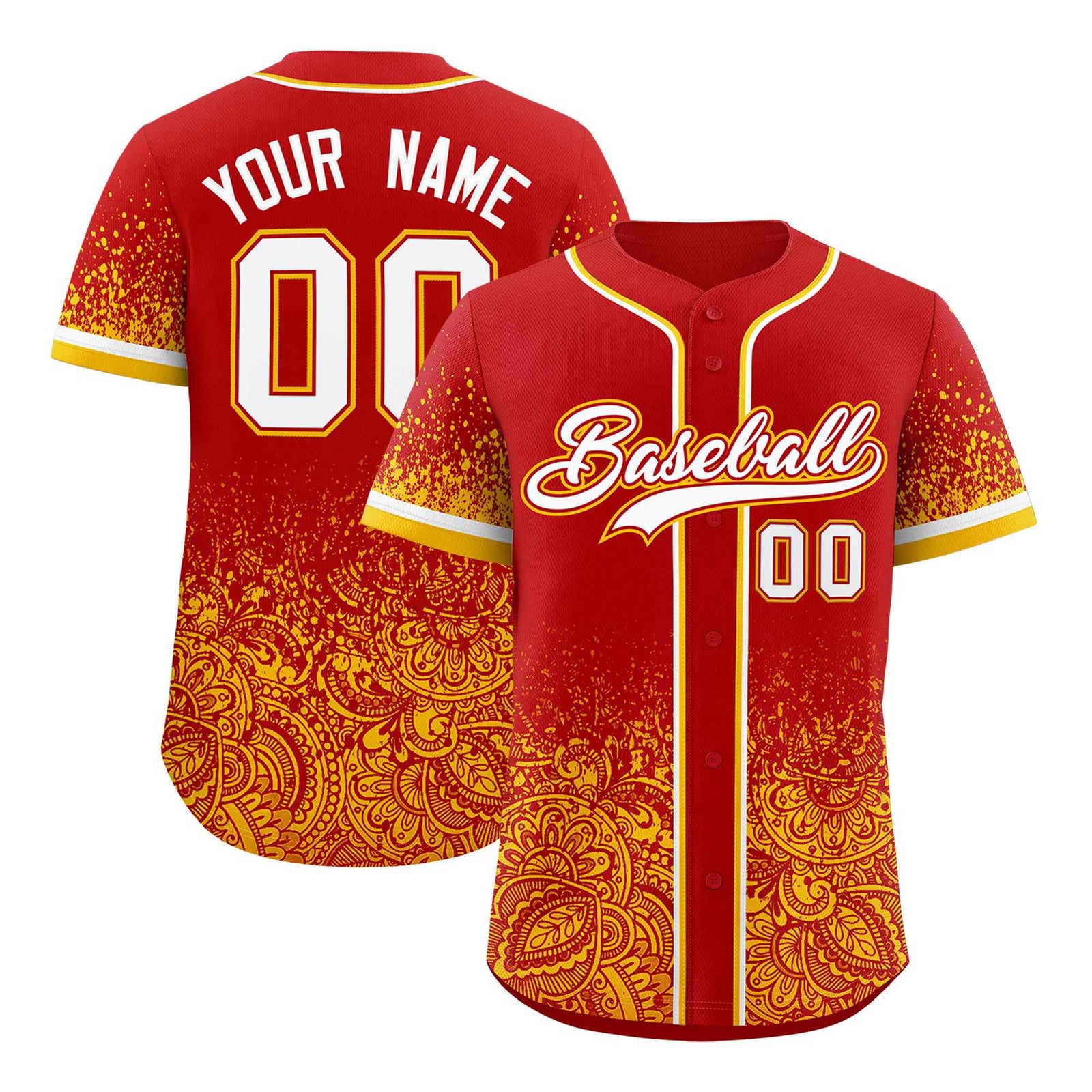 Custom Red Yellow Floral Print Pattern Full Button Gradient Fashion Baseball Jersey