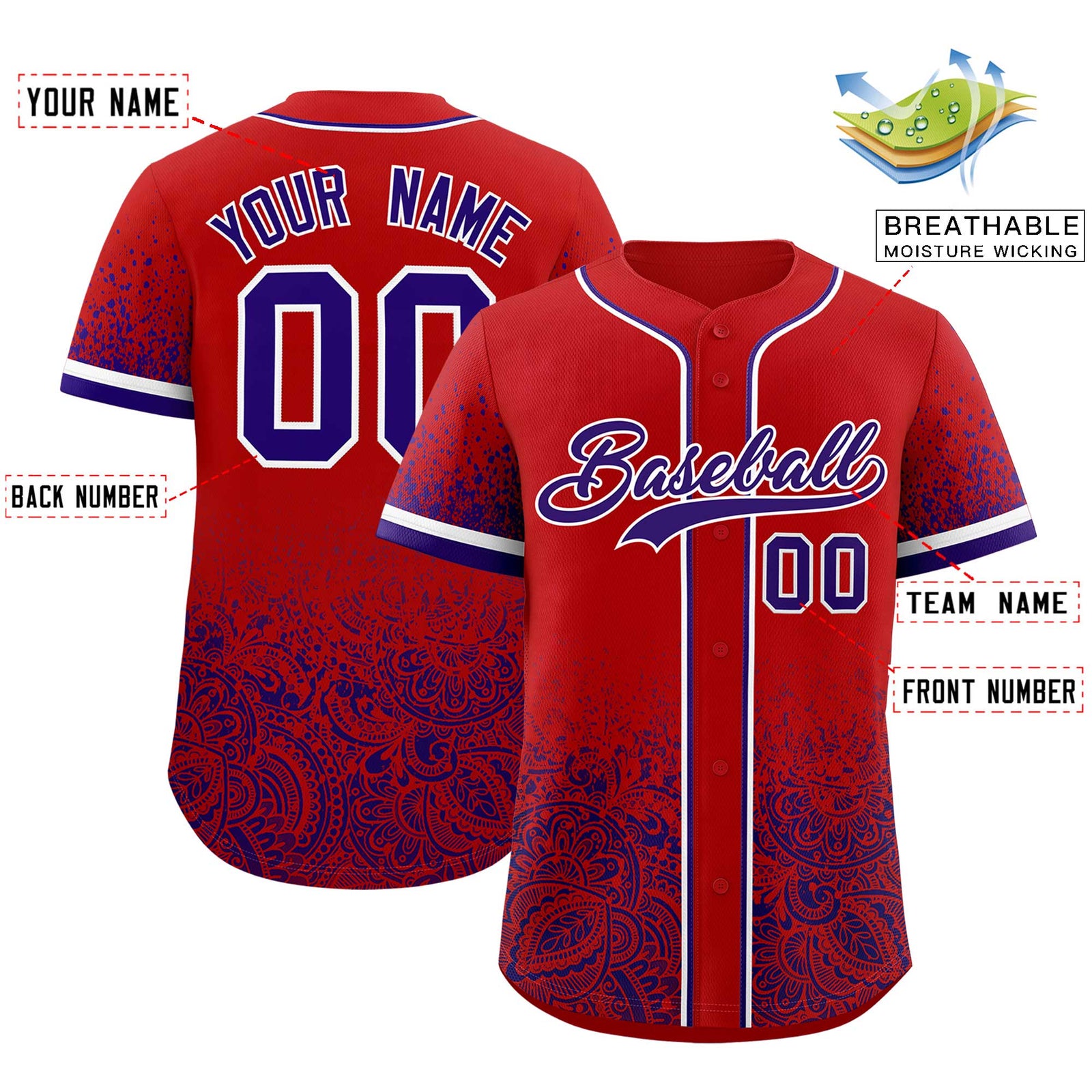 Custom Red Purple Floral Print Pattern Full Button Gradient Fashion Baseball Jersey