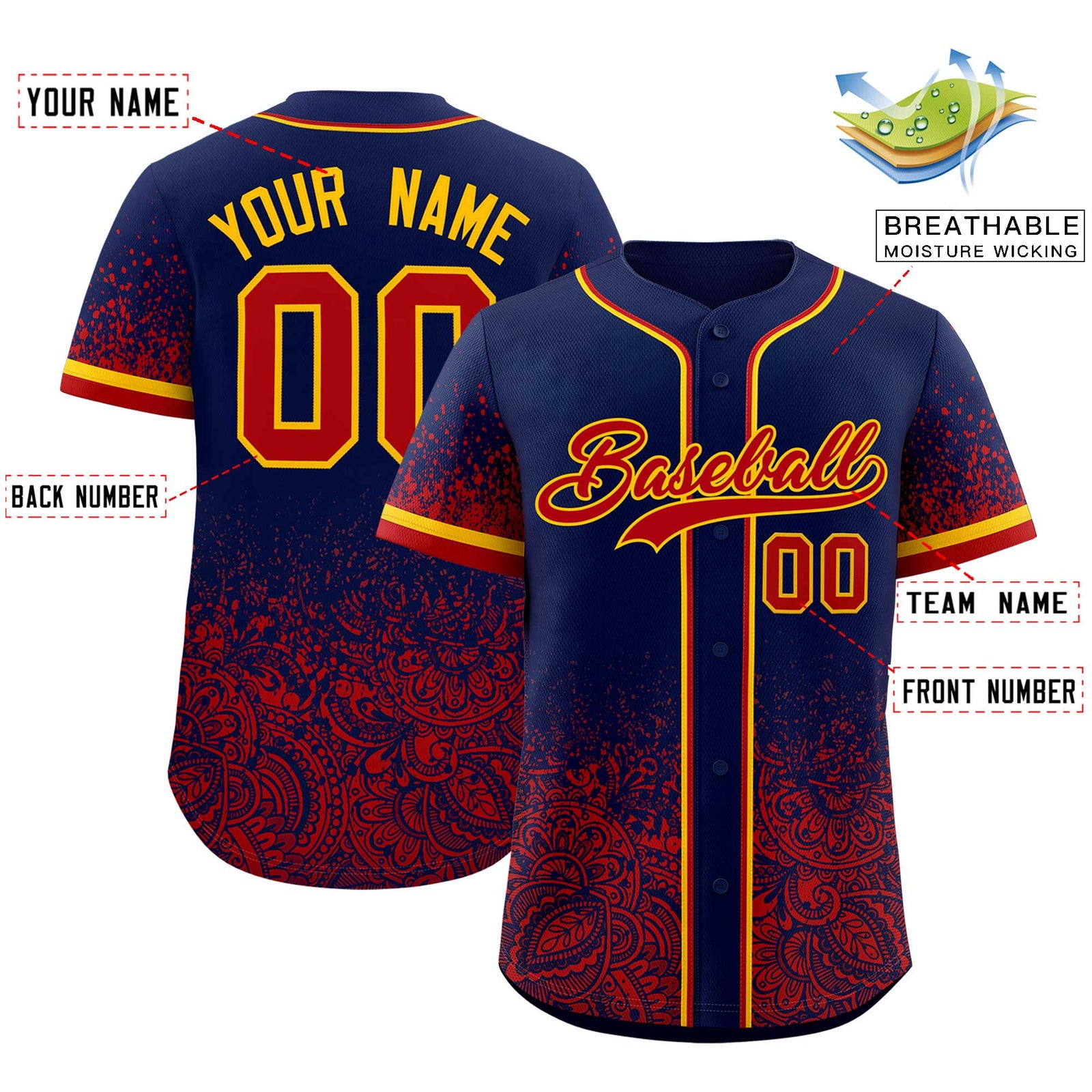 Custom Navy Red Floral Print Pattern Full Button Gradient Fashion Baseball Jersey