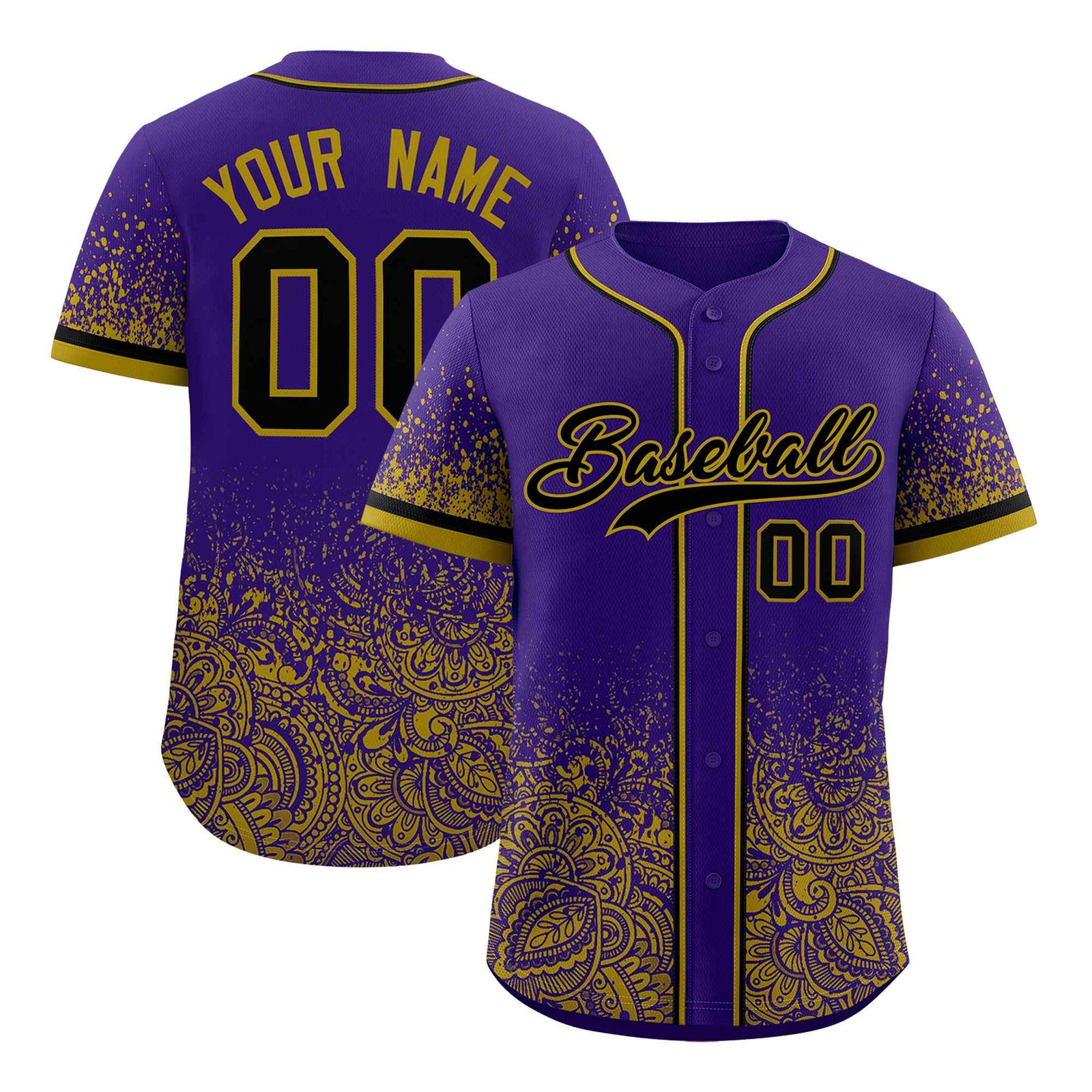 Custom Purple Old Gold Floral Print Pattern Full Button Gradient Fashion Baseball Jersey