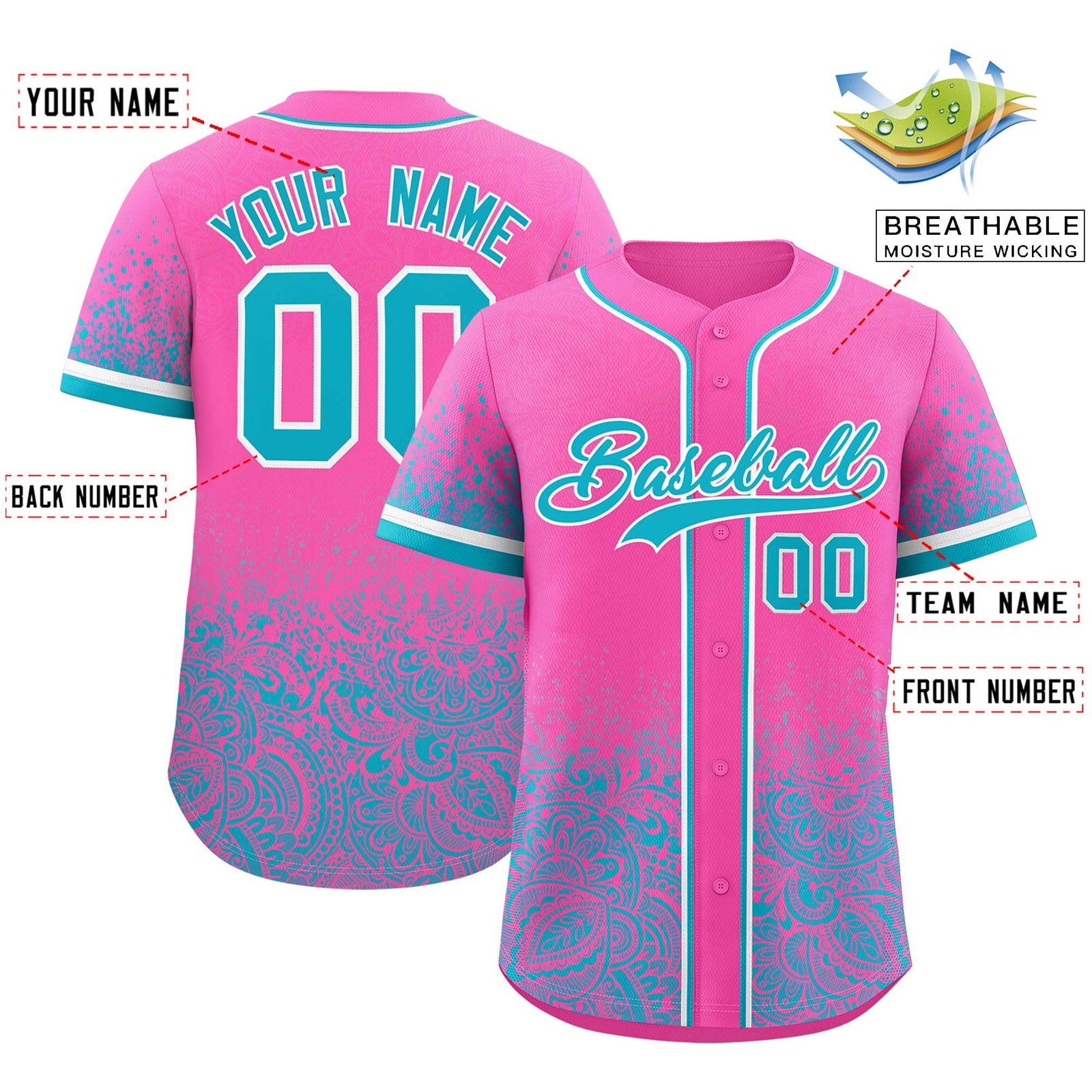 Custom Pink Sky Blue Floral Print Pattern Full Button Gradient Fashion Baseball Jersey
