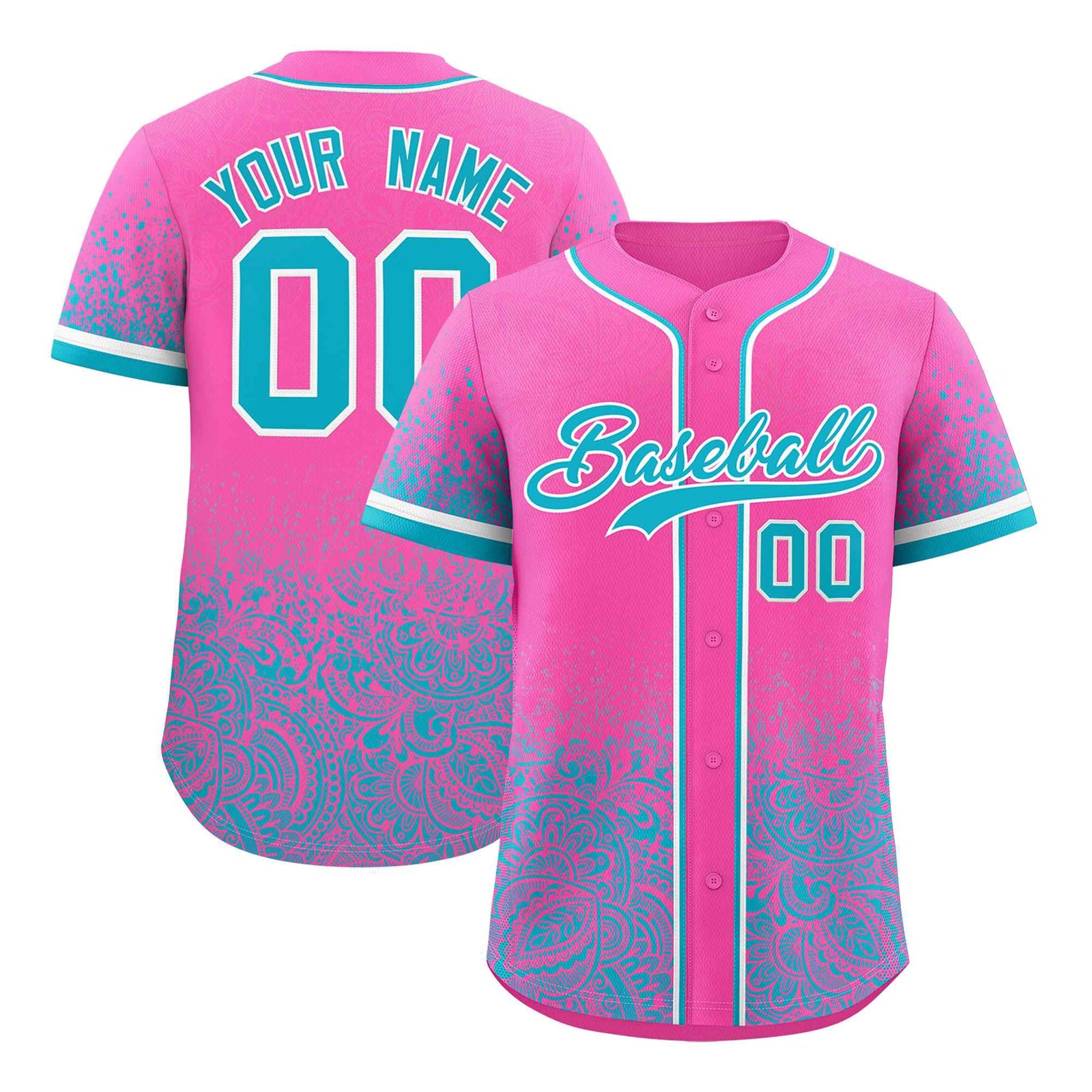 Custom Pink Sky Blue Floral Print Pattern Full Button Gradient Fashion Baseball Jersey