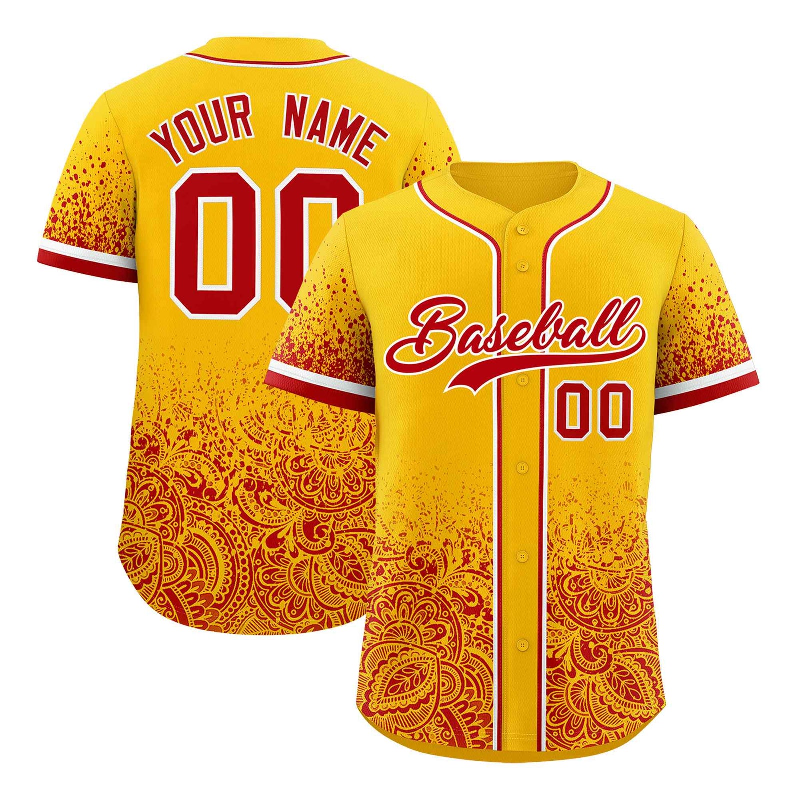 Custom Yellow Red Floral Print Pattern Full Button Gradient Fashion Baseball Jersey