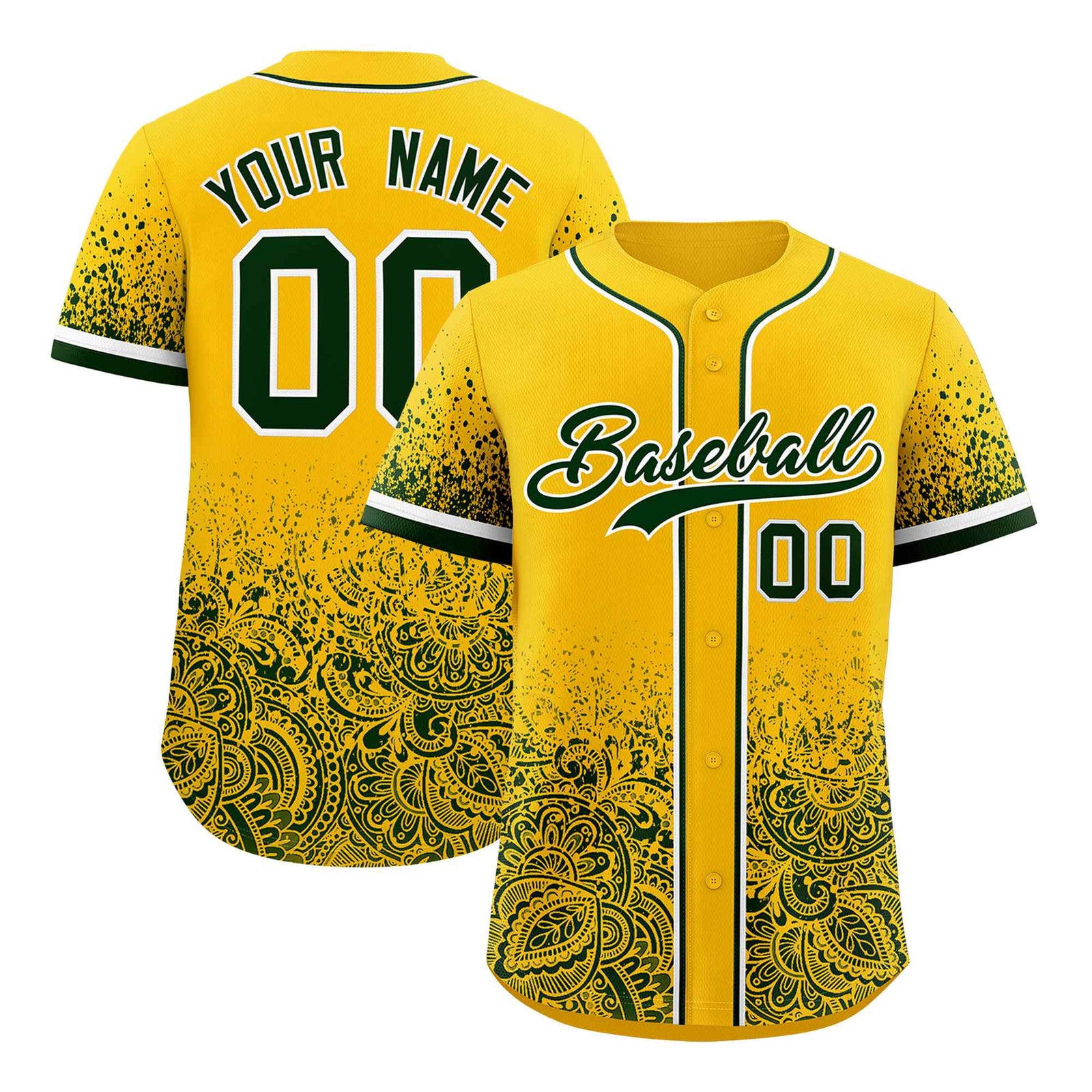 Custom Yellow Green Floral Print Pattern Full Button Gradient Fashion Baseball Jersey