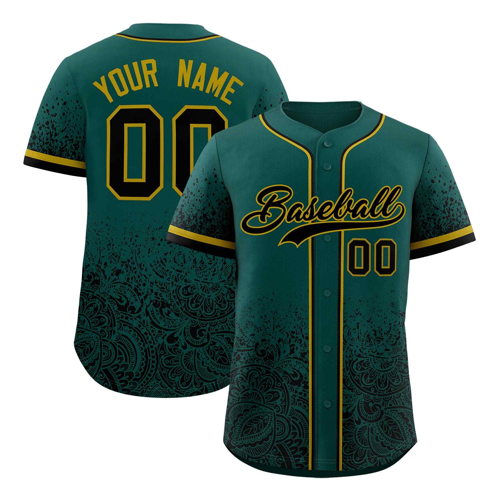 Custom Midnight Green Black Floral Print Pattern Full Button Gradient Fashion Baseball Jersey