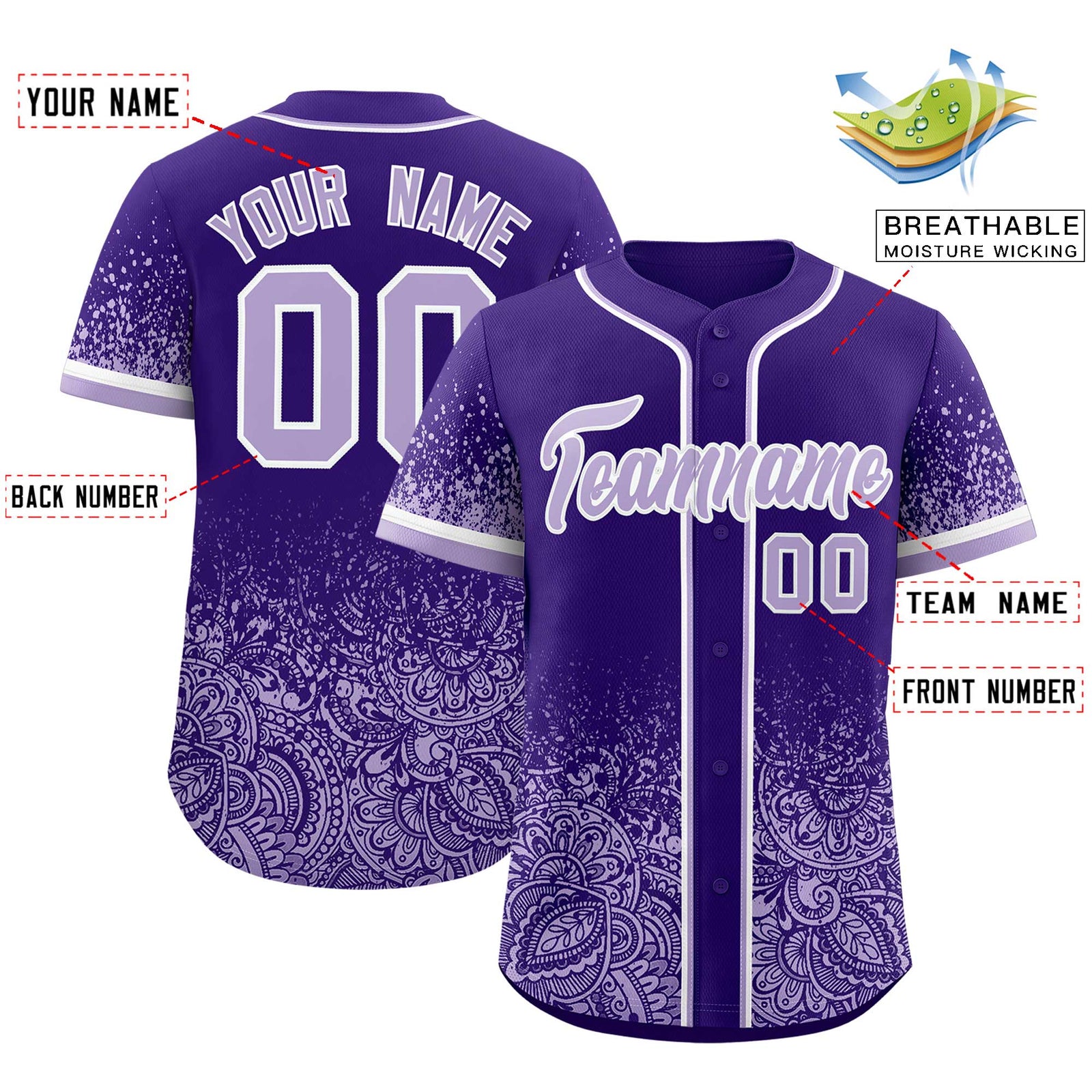 Custom Purple Light Purple Floral Print Pattern Full Button Gradient Fashion Baseball Jersey