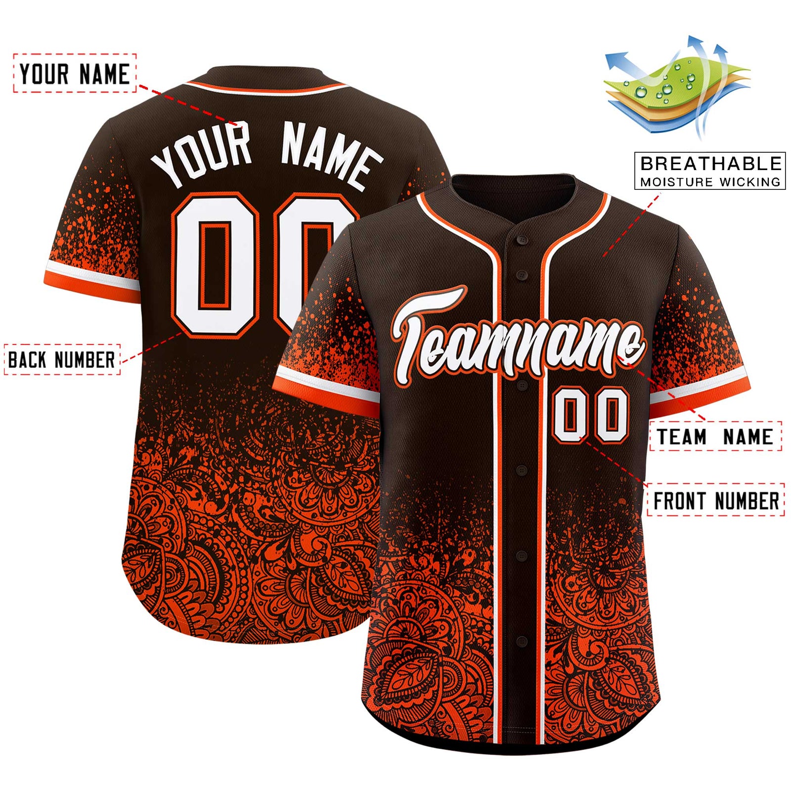 Custom Brown Orange Floral Print Pattern Full Button Gradient Fashion Baseball Jersey
