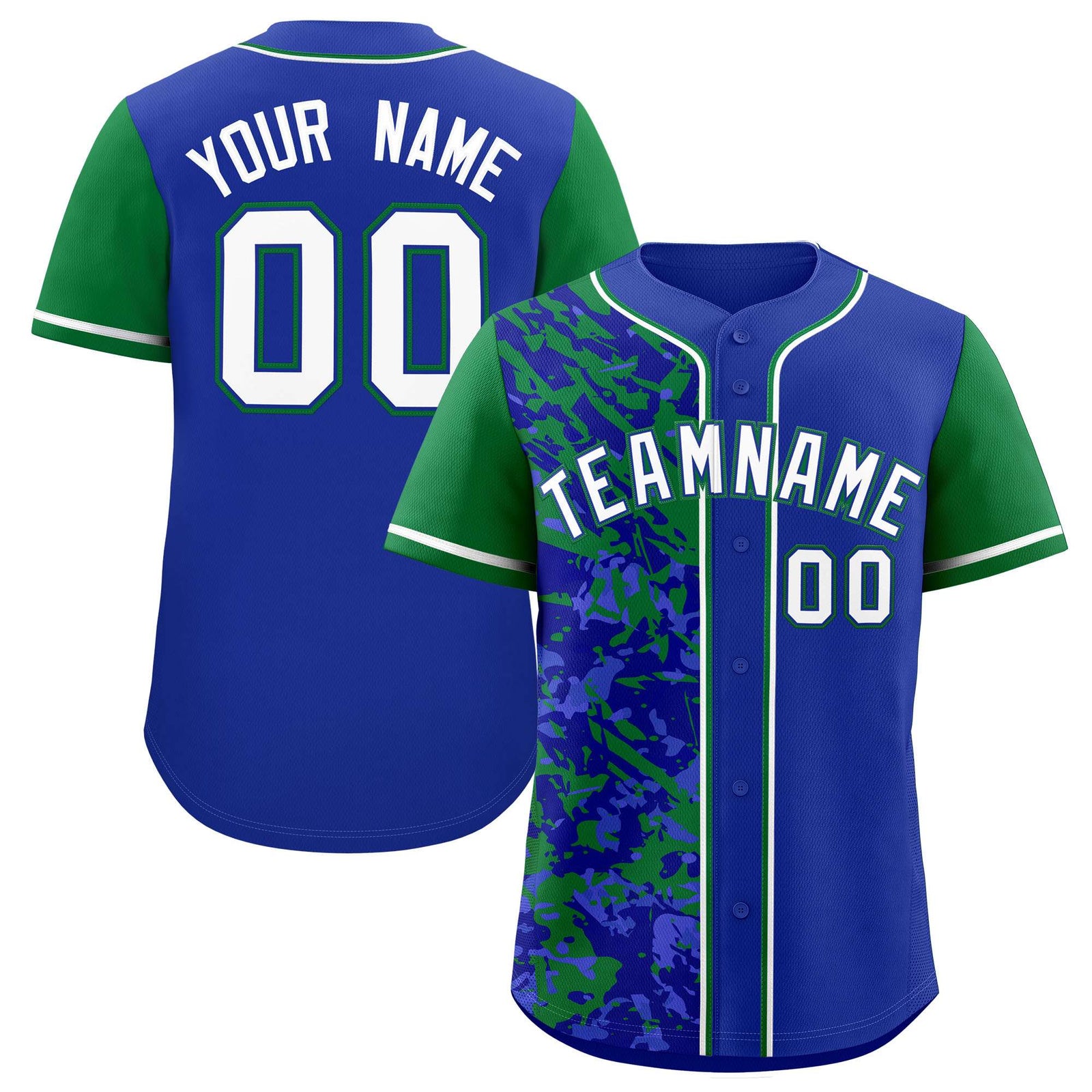 Custom Royal Green Split Personalized Graffiti Raglan Sleeve Authentic Baseball Jersey