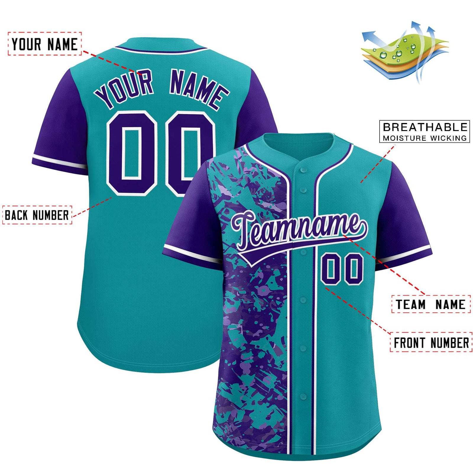 Custom Teal Purple Split Personalized Graffiti Raglan Sleeve Authentic Baseball Jersey