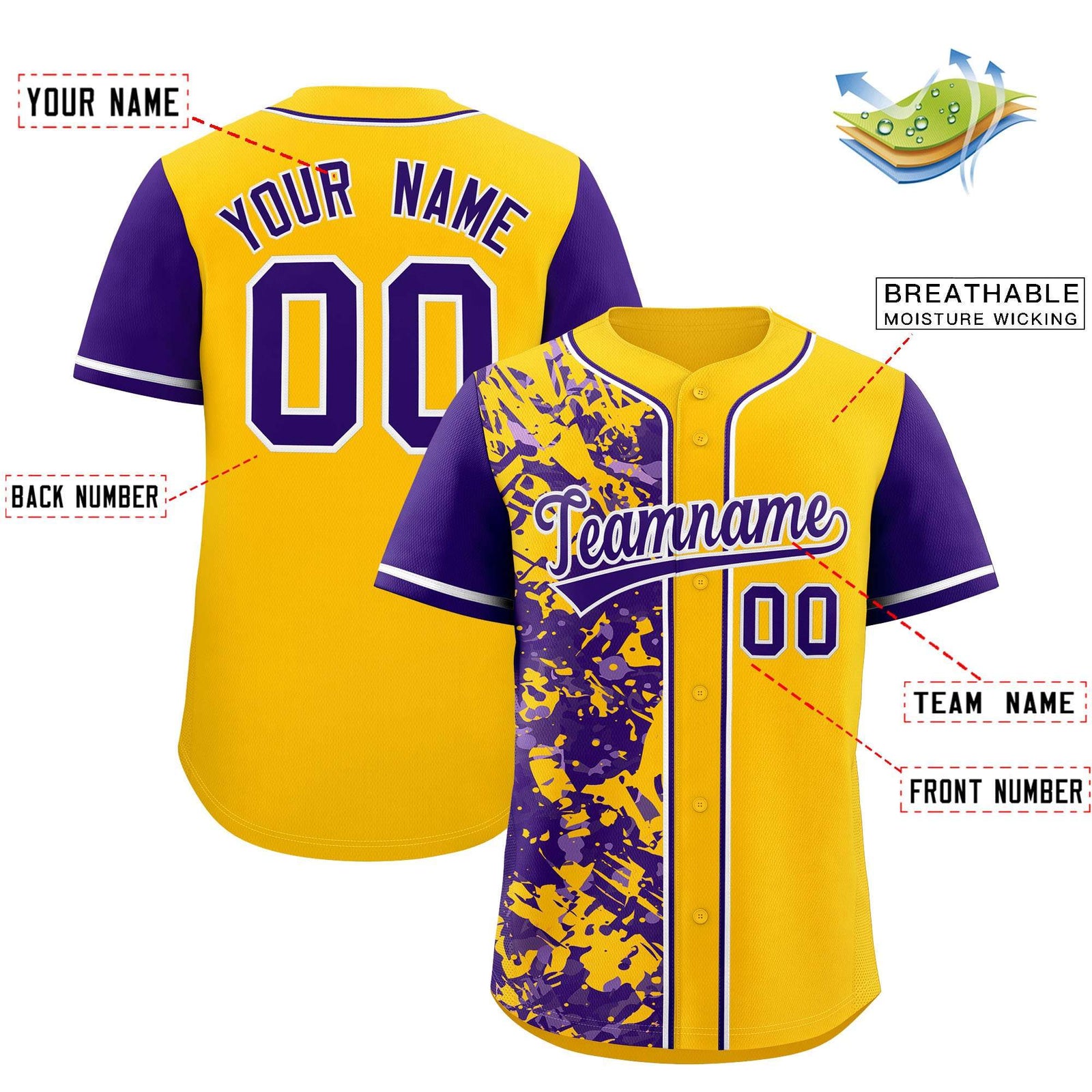 Custom Yellow Purple Split Personalized Graffiti Raglan Sleeve Authentic Baseball Jersey