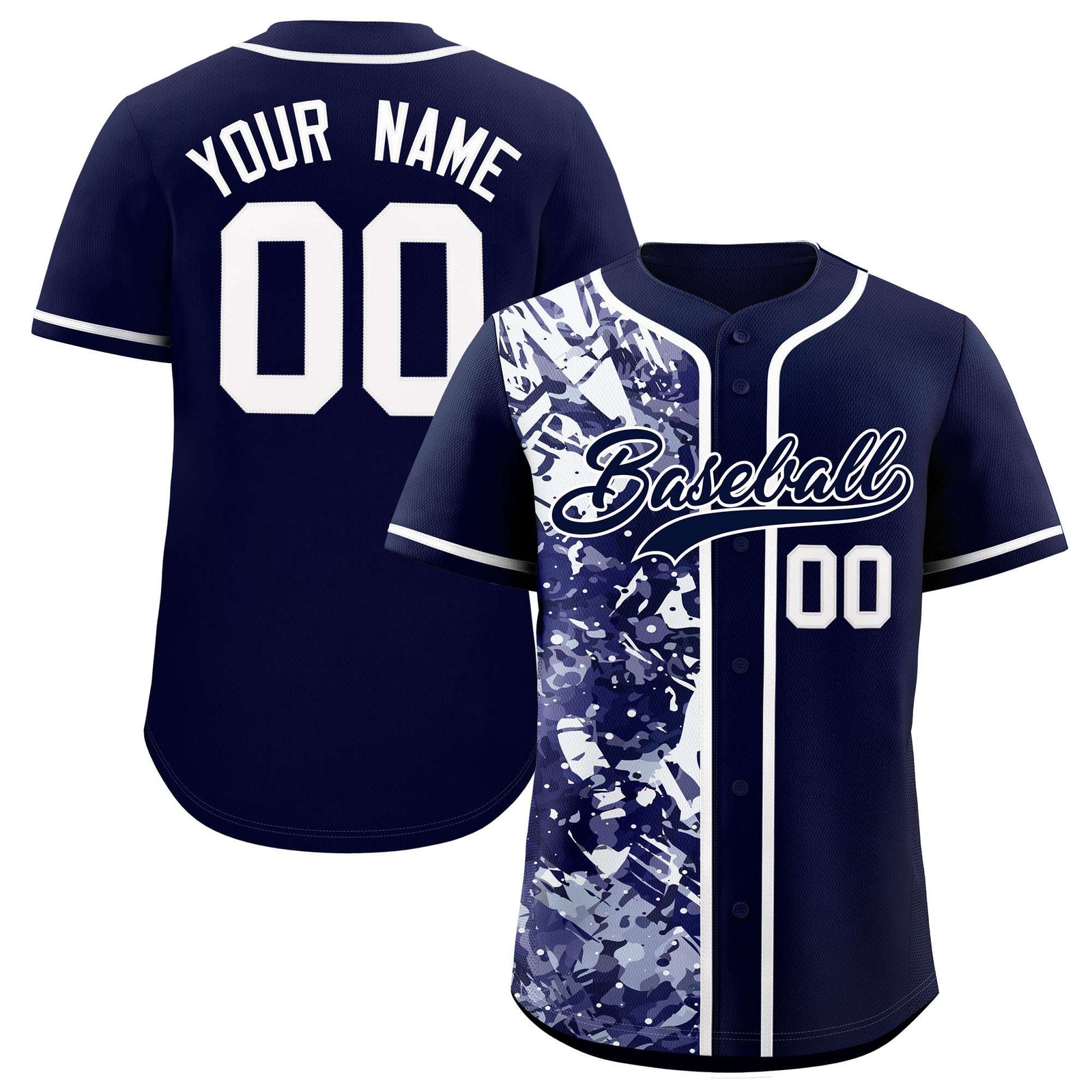 Custom Navy White Split Personalized Graffiti Raglan Sleeve Authentic Baseball Jersey
