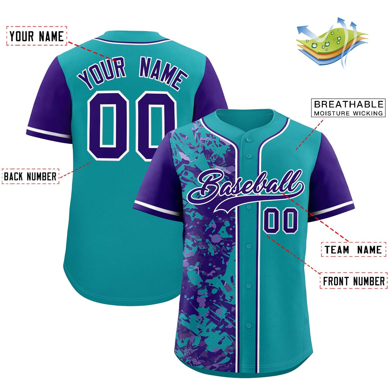 Custom Teal Purple Split Personalized Graffiti Raglan Sleeve Authentic Baseball Jersey