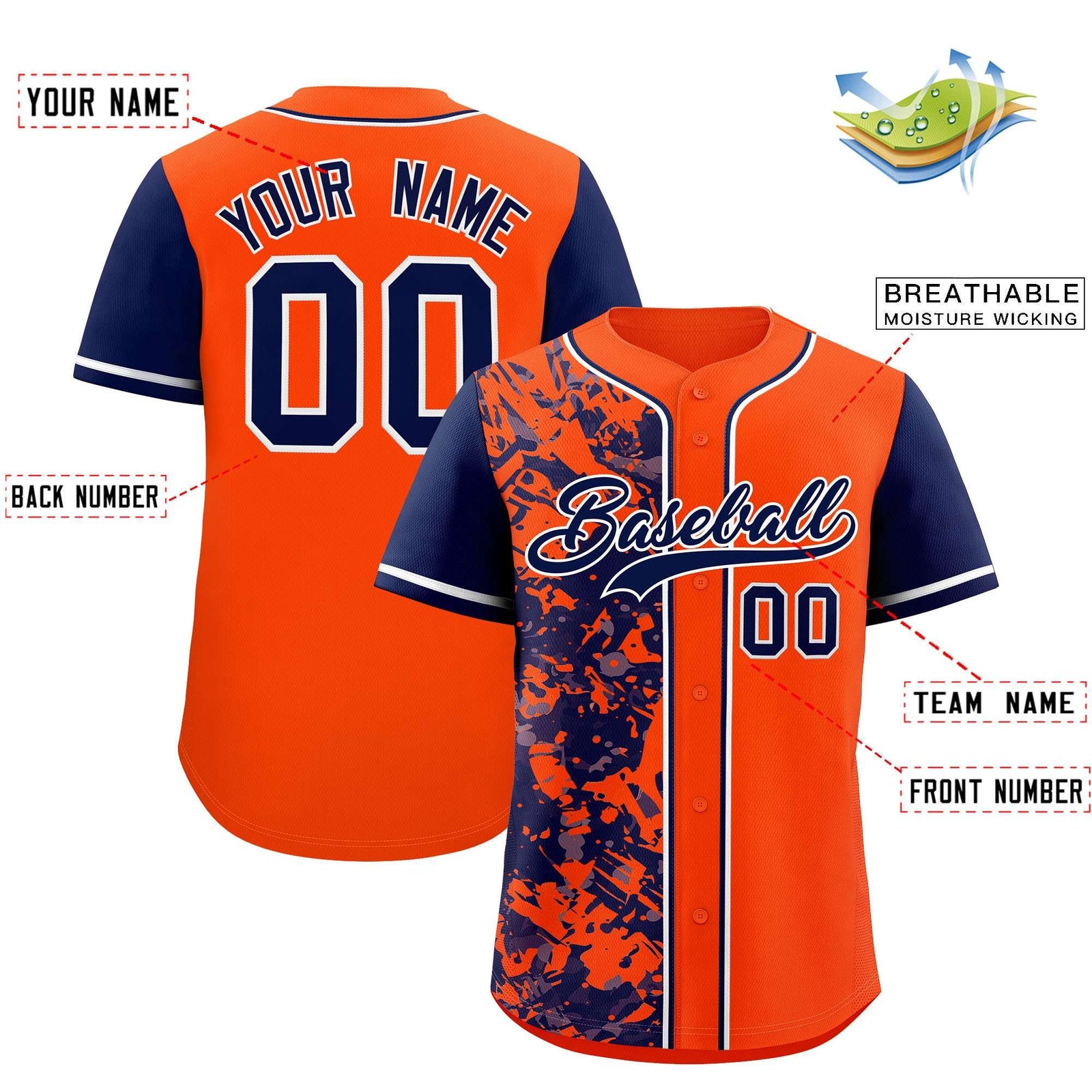 Custom Orange Navy Split Personalized Graffiti Raglan Sleeve Authentic Baseball Jersey